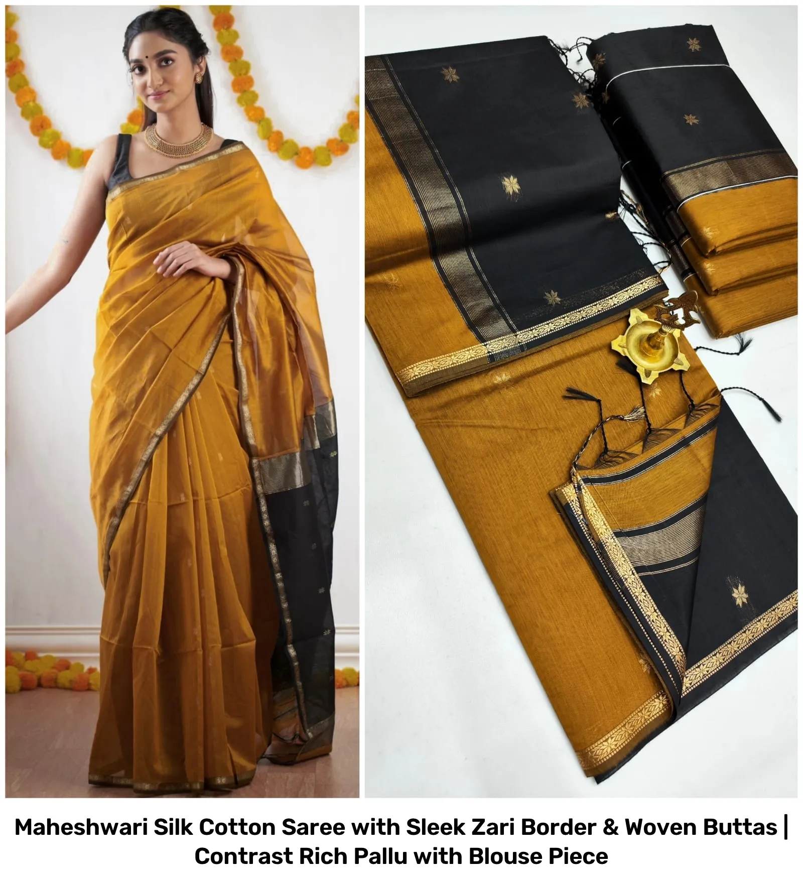 Maheshwari Silk Cotton Saree with Sleek Zari Border & Woven Buttas | Contrast Rich Pallu with Blouse Piece 5