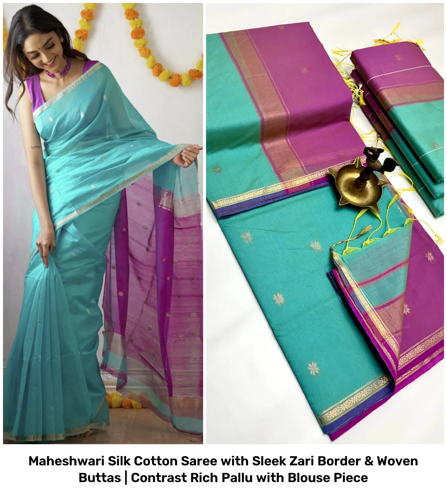 Maheshwari Silk Cotton Saree with Sleek Zari Border & Woven Buttas | Contrast Rich Pallu with Blouse Piece 6