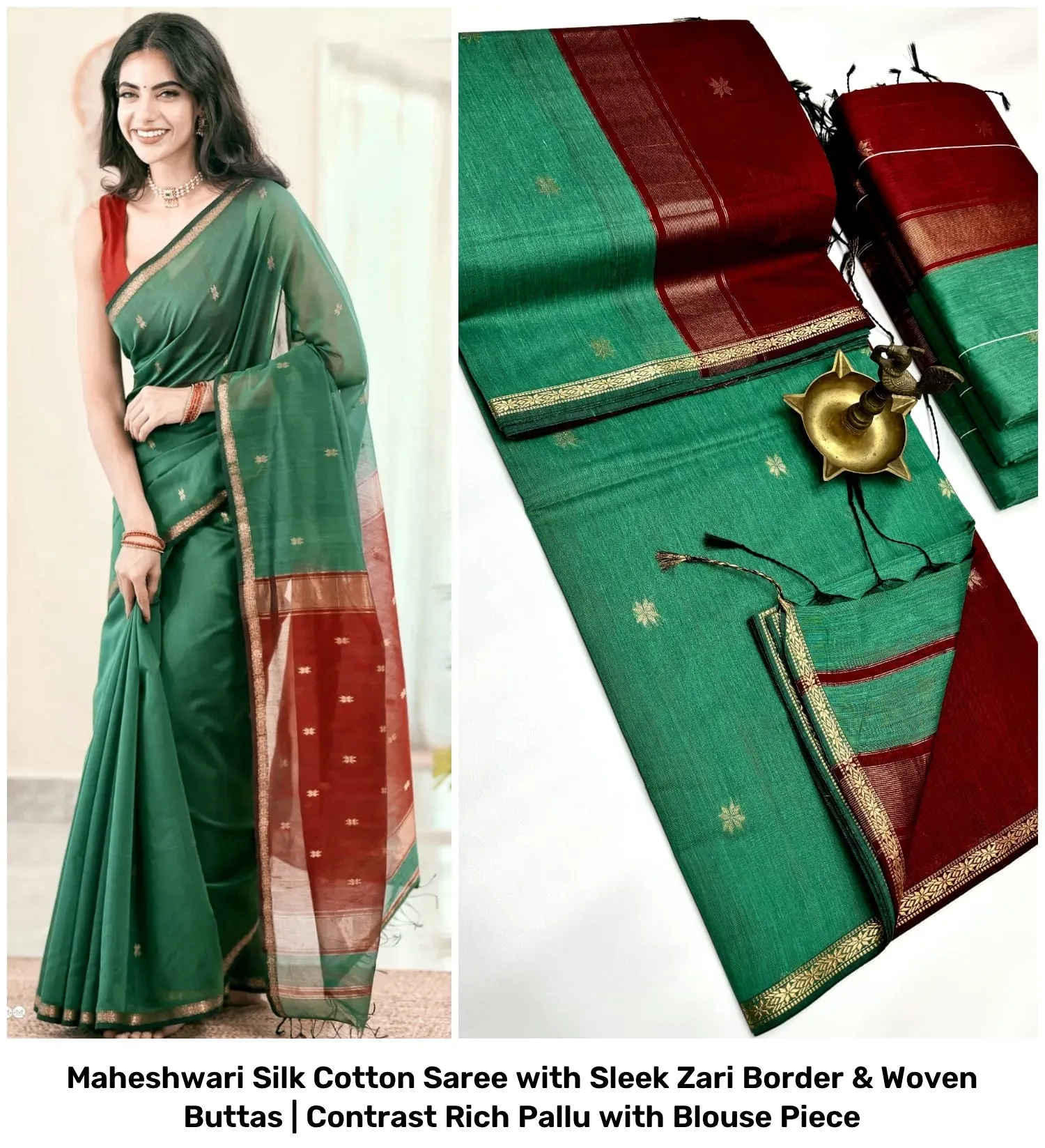 Maheshwari Silk Cotton Saree with Sleek Zari Border & Woven Buttas | Contrast Rich Pallu with Blouse Piece 7