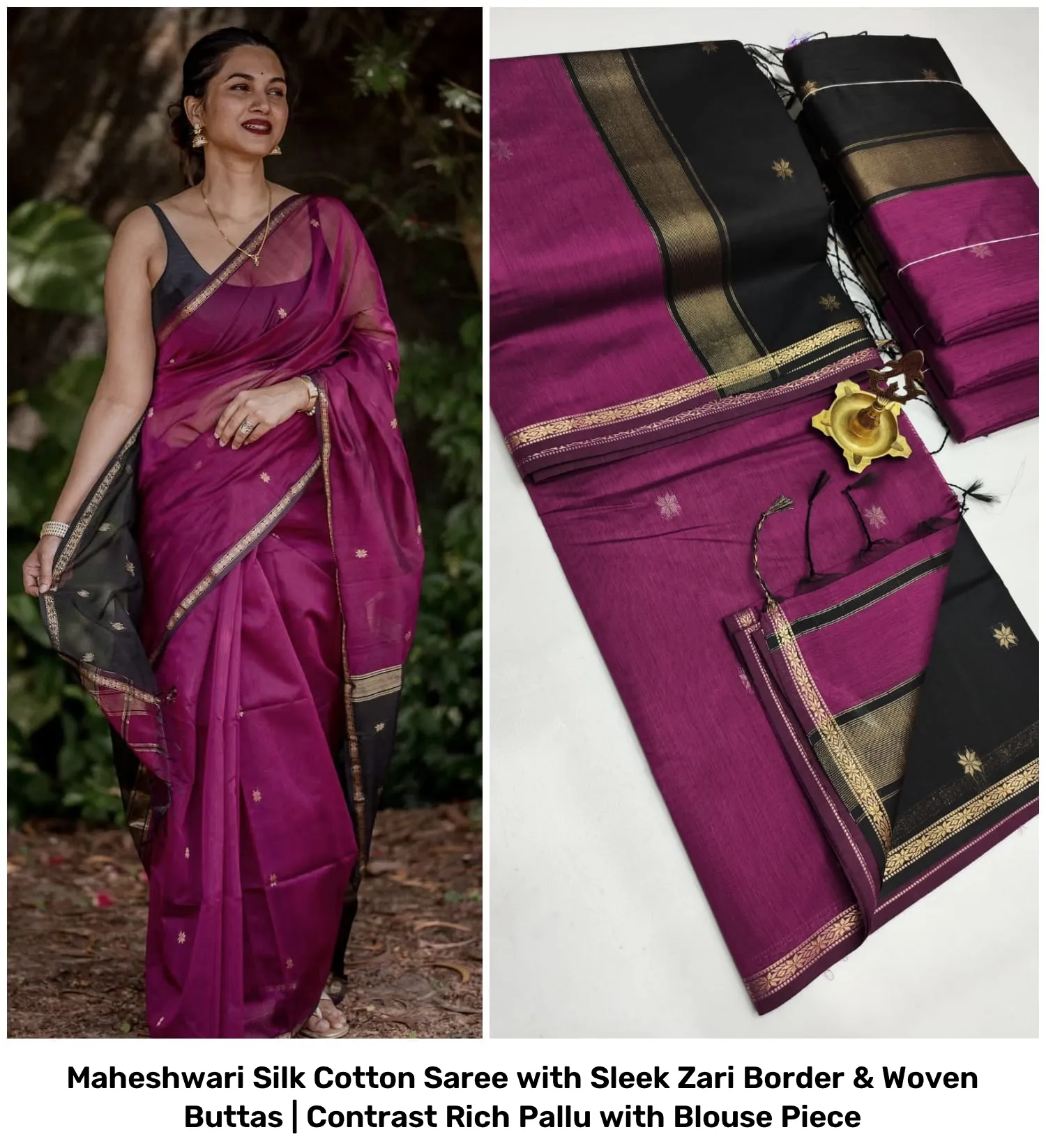 Maheshwari Silk Cotton Saree with Sleek Zari Border & Woven Buttas | Contrast Rich Pallu with Blouse Piece 8