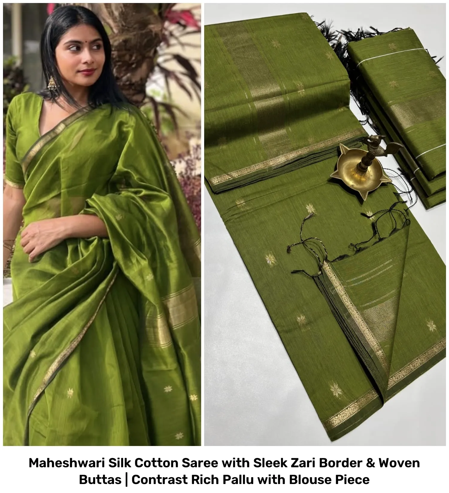 Maheshwari Silk Cotton Saree with Sleek Zari Border & Woven Buttas | Contrast Rich Pallu with Blouse Piece 9