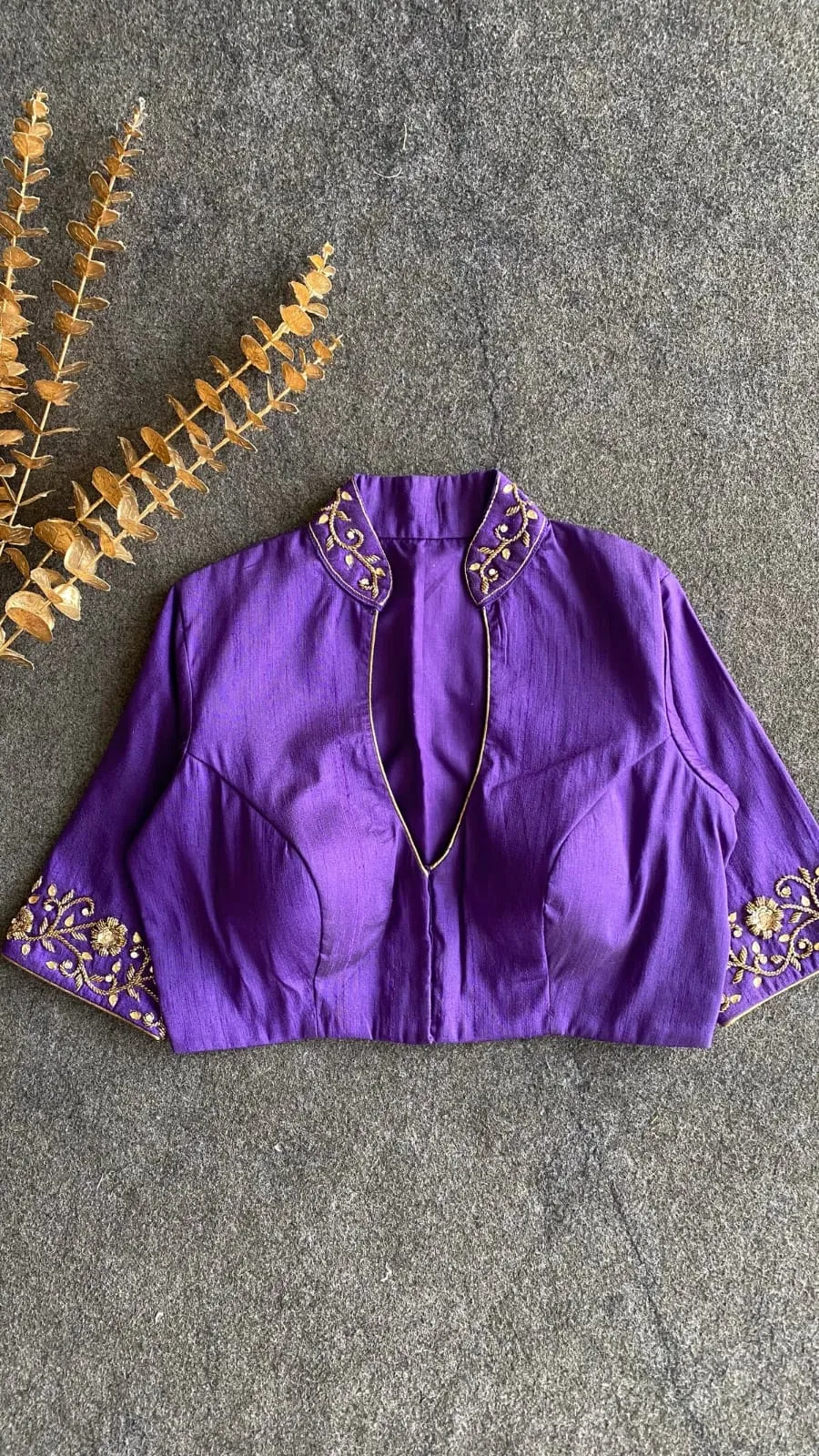 Mandarin Collar Silk Designer Blouse – Handcrafted Antique Gold Vine Sleeve & Collar Embroidery