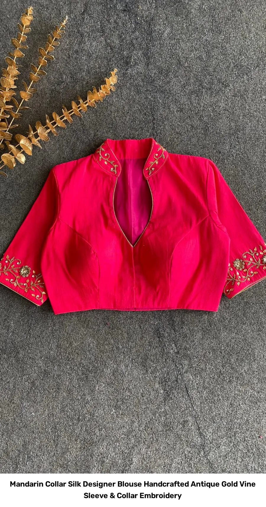 Mandarin Collar Silk Designer Blouse – Handcrafted Antique Gold Vine Sleeve & Collar Embroidery 13