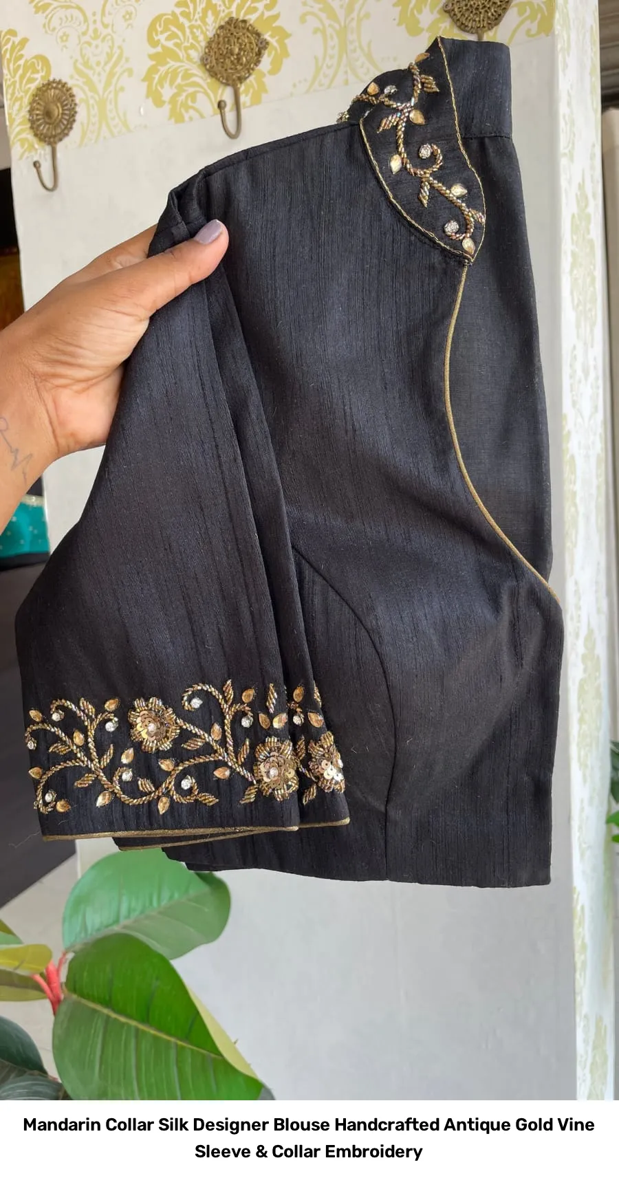 Mandarin Collar Silk Designer Blouse – Handcrafted Antique Gold Vine Sleeve & Collar Embroidery 14