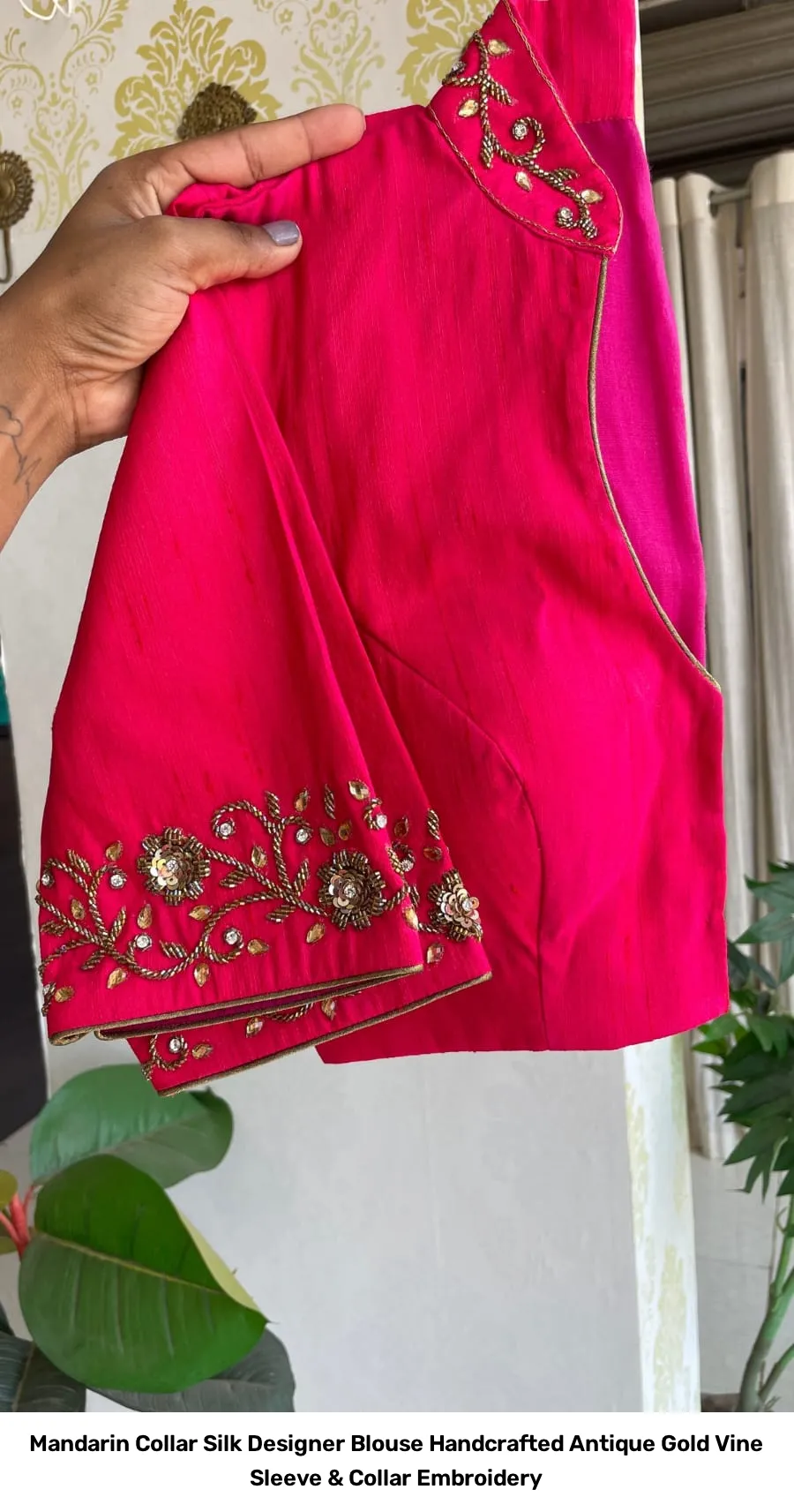 Mandarin Collar Silk Designer Blouse – Handcrafted Antique Gold Vine Sleeve & Collar Embroidery 3