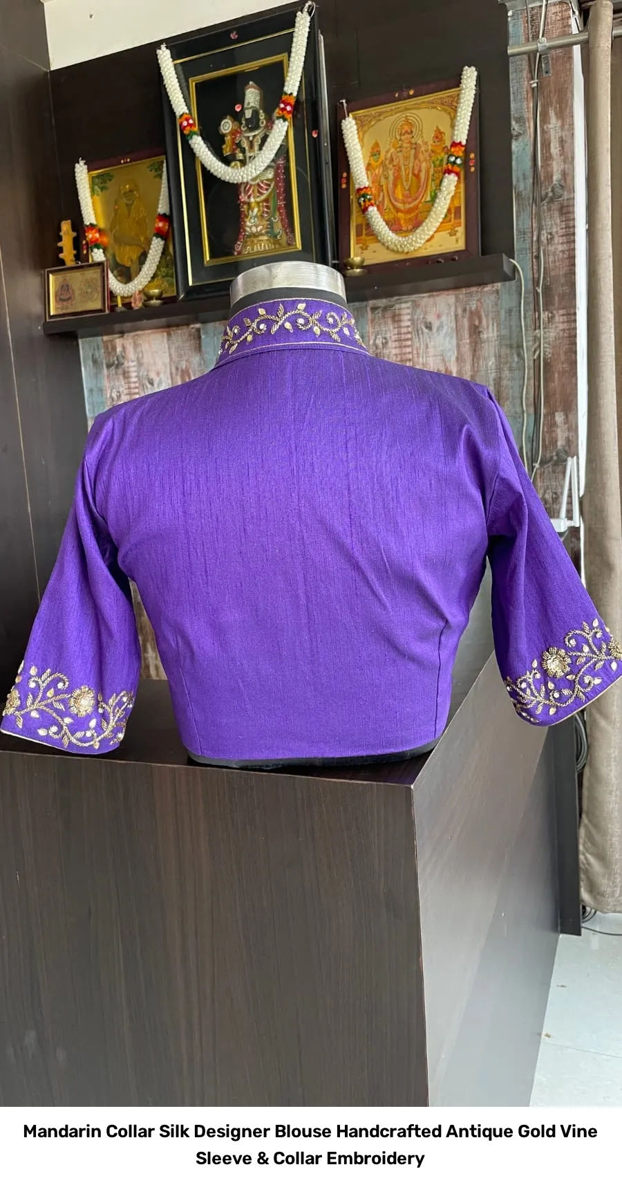 Mandarin Collar Silk Designer Blouse – Handcrafted Antique Gold Vine Sleeve & Collar Embroidery 4