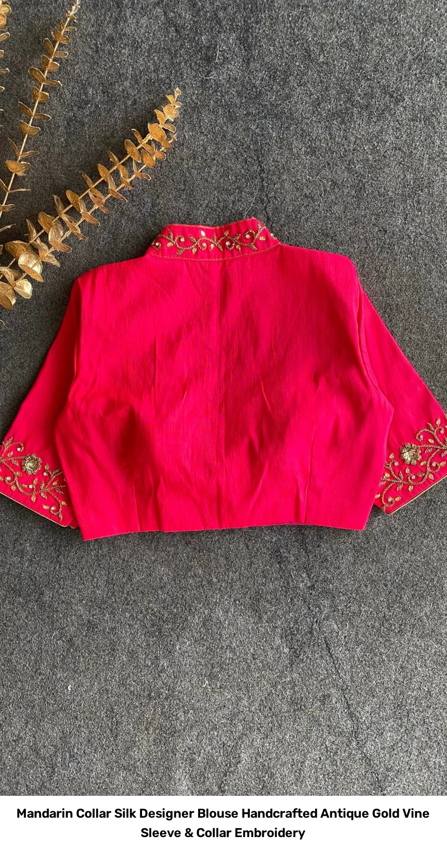 Mandarin Collar Silk Designer Blouse – Handcrafted Antique Gold Vine Sleeve & Collar Embroidery 5