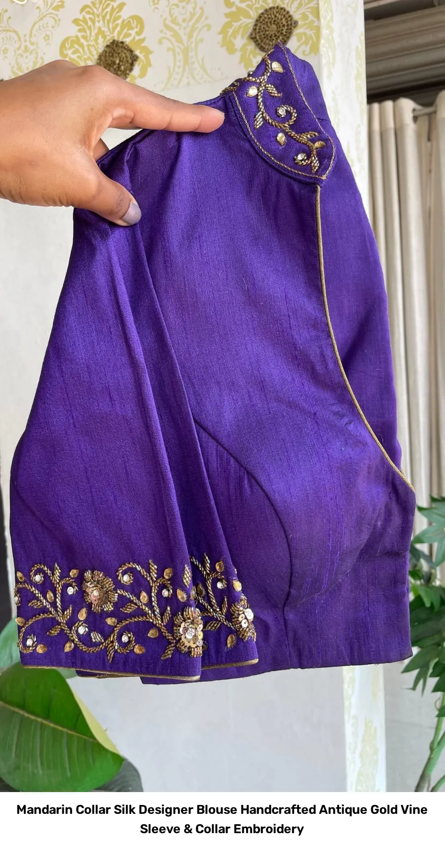 Mandarin Collar Silk Designer Blouse – Handcrafted Antique Gold Vine Sleeve & Collar Embroidery 6