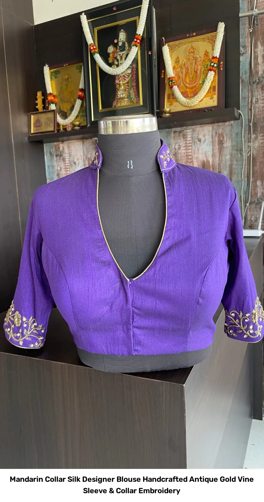 Mandarin Collar Silk Designer Blouse – Handcrafted Antique Gold Vine Sleeve & Collar Embroidery 7