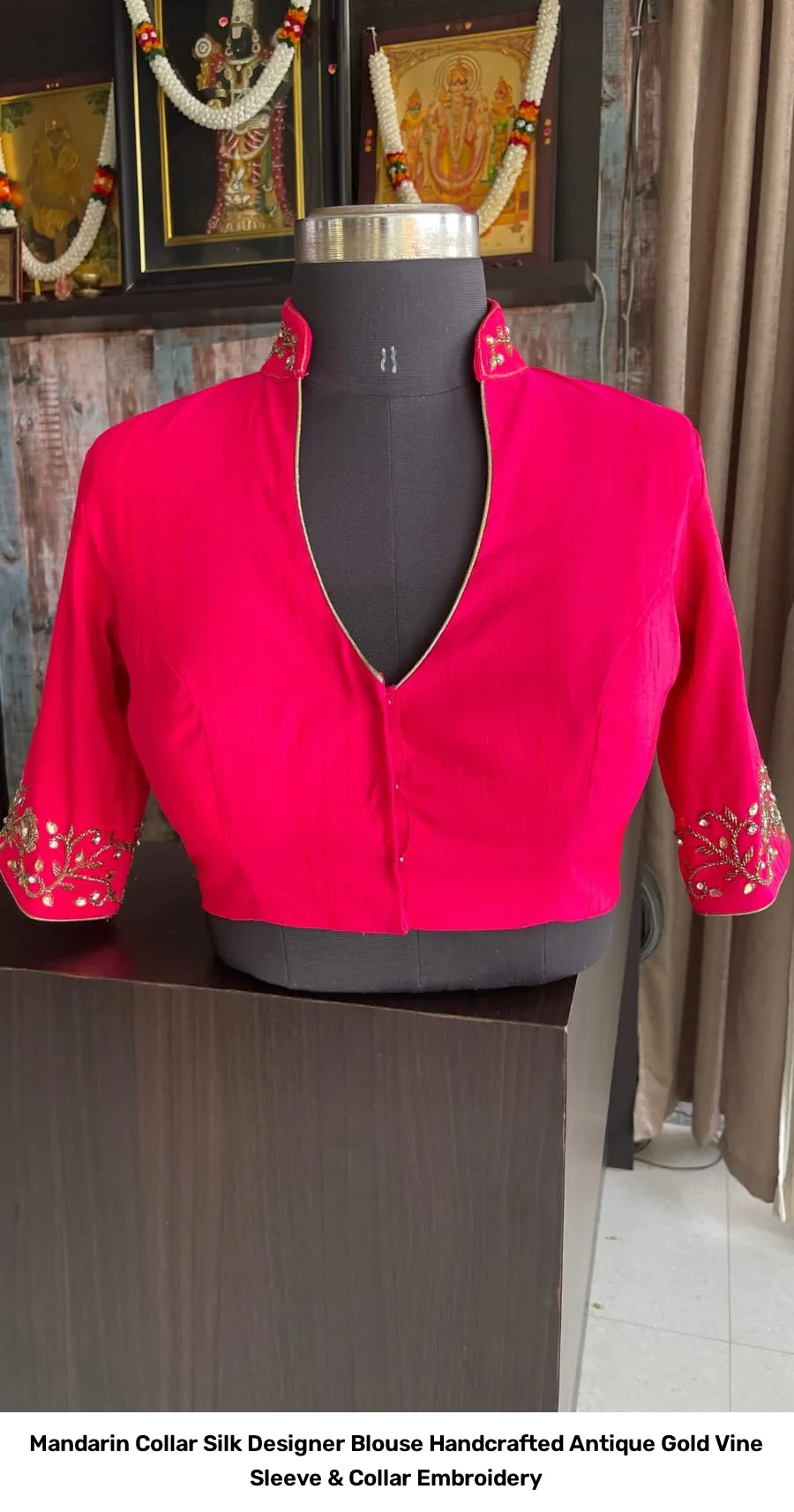 Mandarin Collar Silk Designer Blouse – Handcrafted Antique Gold Vine Sleeve & Collar Embroidery 8