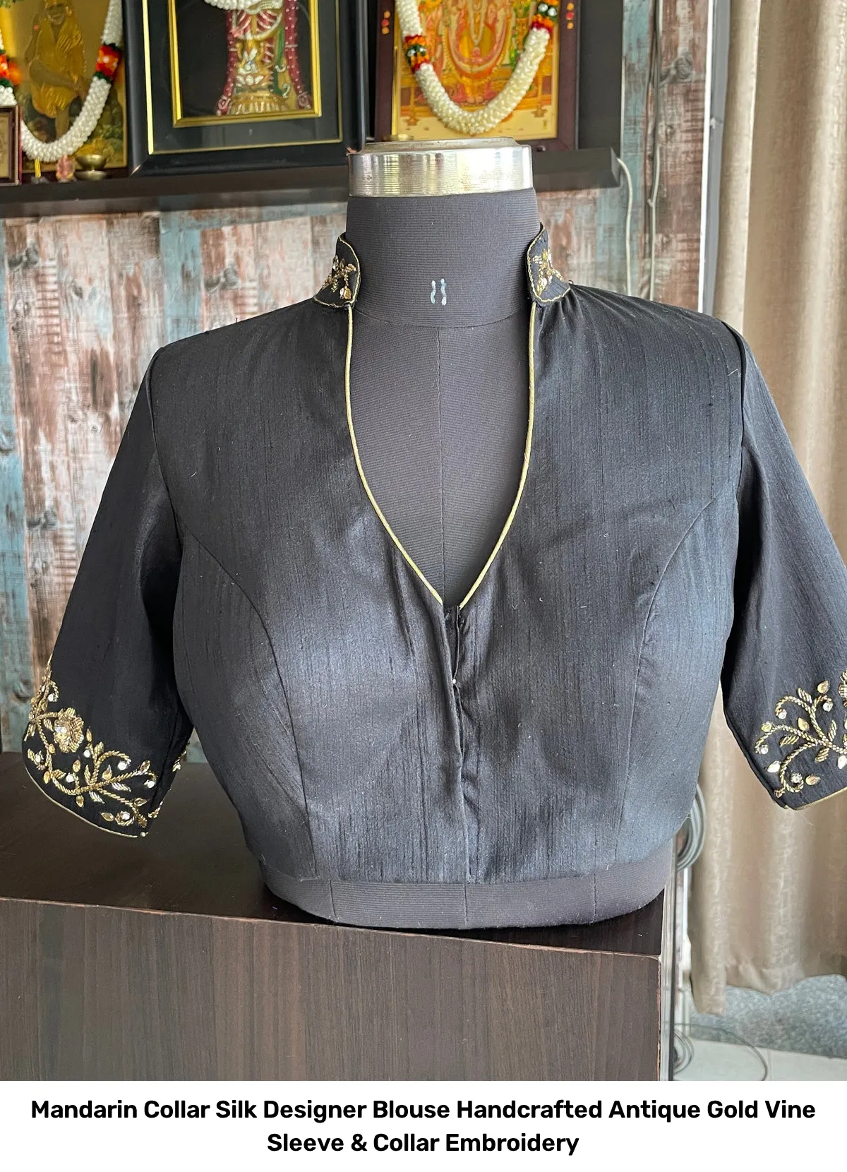 Mandarin Collar Silk Designer Blouse – Handcrafted Antique Gold Vine Sleeve & Collar Embroidery 9