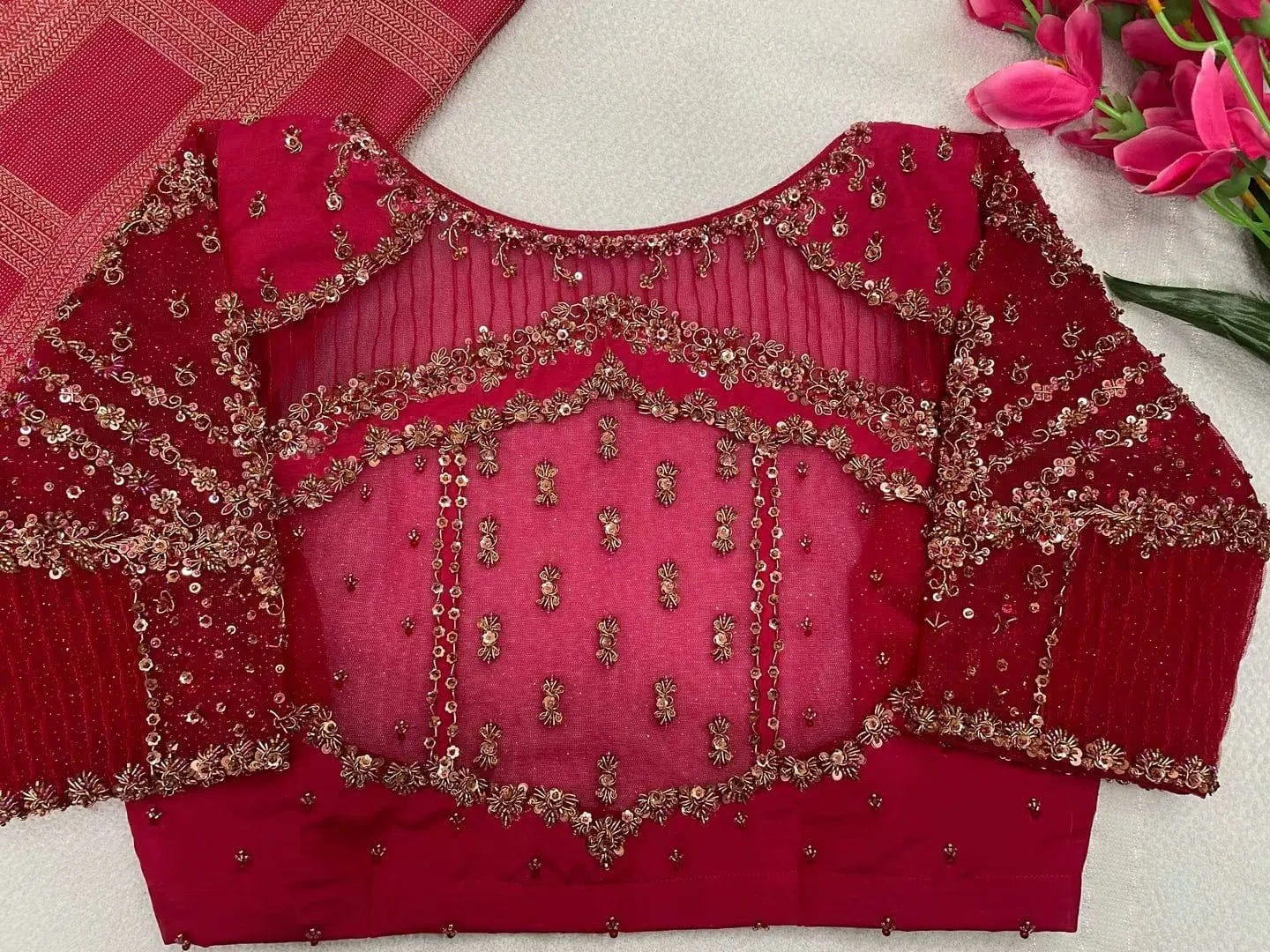 Maroon Bridal Silk Blouse with Pleated Net Back & Heavy Sequin Zari Embroidery