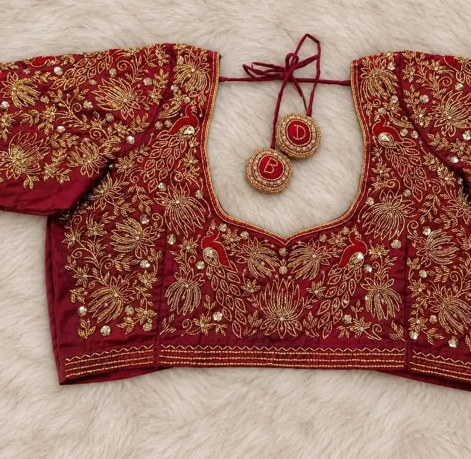 Maroon Designer Maggam Work Blouse | Heavy Bridal Silk Blouse Online 1
