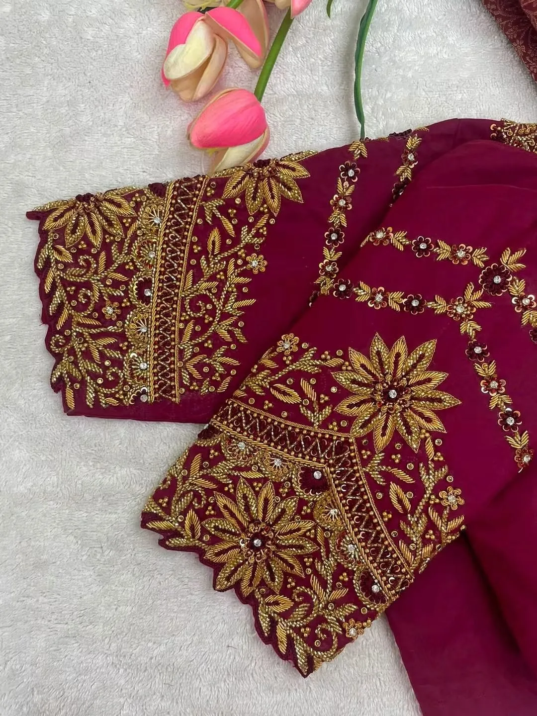 Maroon Designer Maggam Work Blouse | Heavy Floral Zardozi & Stone Embroidered Saree Blouse 1