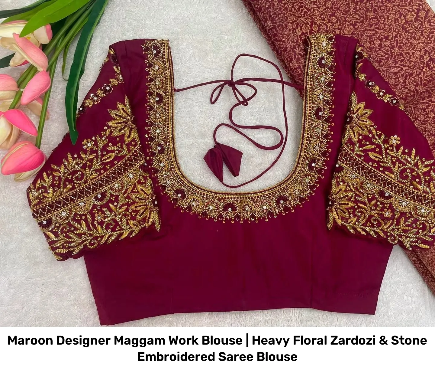 Maroon Designer Maggam Work Blouse | Heavy Floral Zardozi & Stone Embroidered Saree Blouse 2