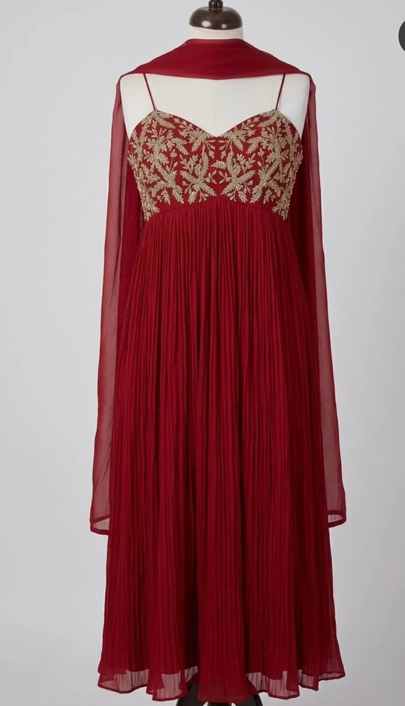 Maroon Georgette Pleated Anarkali Dress Set | Hand-Embroidered Zardozi Sweetheart Bodice Gown with Dupatta
