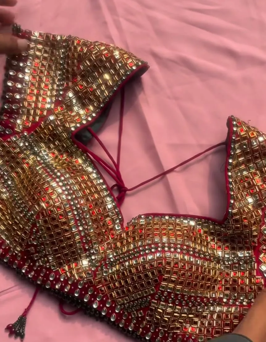Maroon Mirror Work Designer Saree Blouse | Bridal Shimmer Blouse Online
