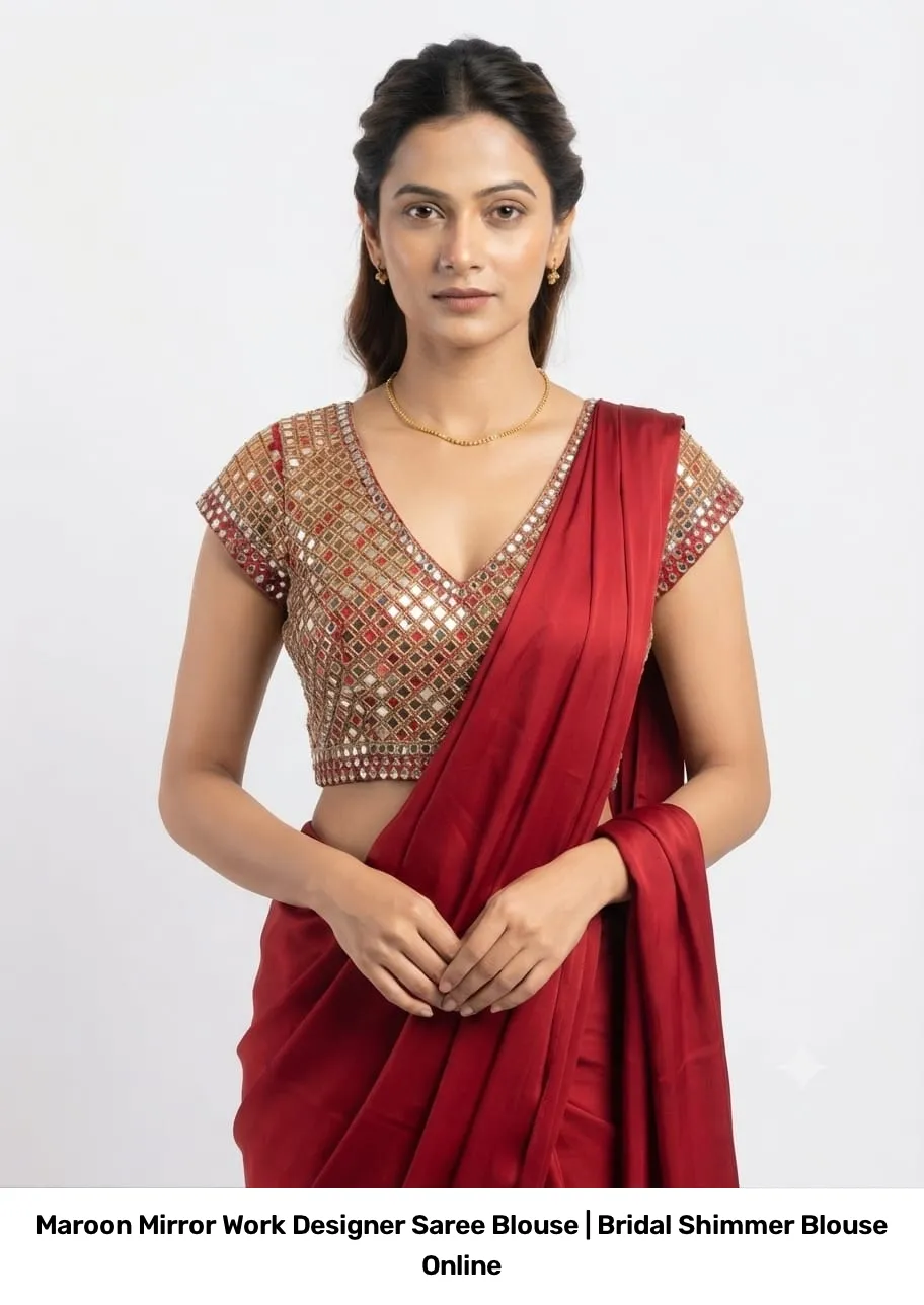 Maroon Mirror Work Designer Saree Blouse | Bridal Shimmer Blouse Online 2