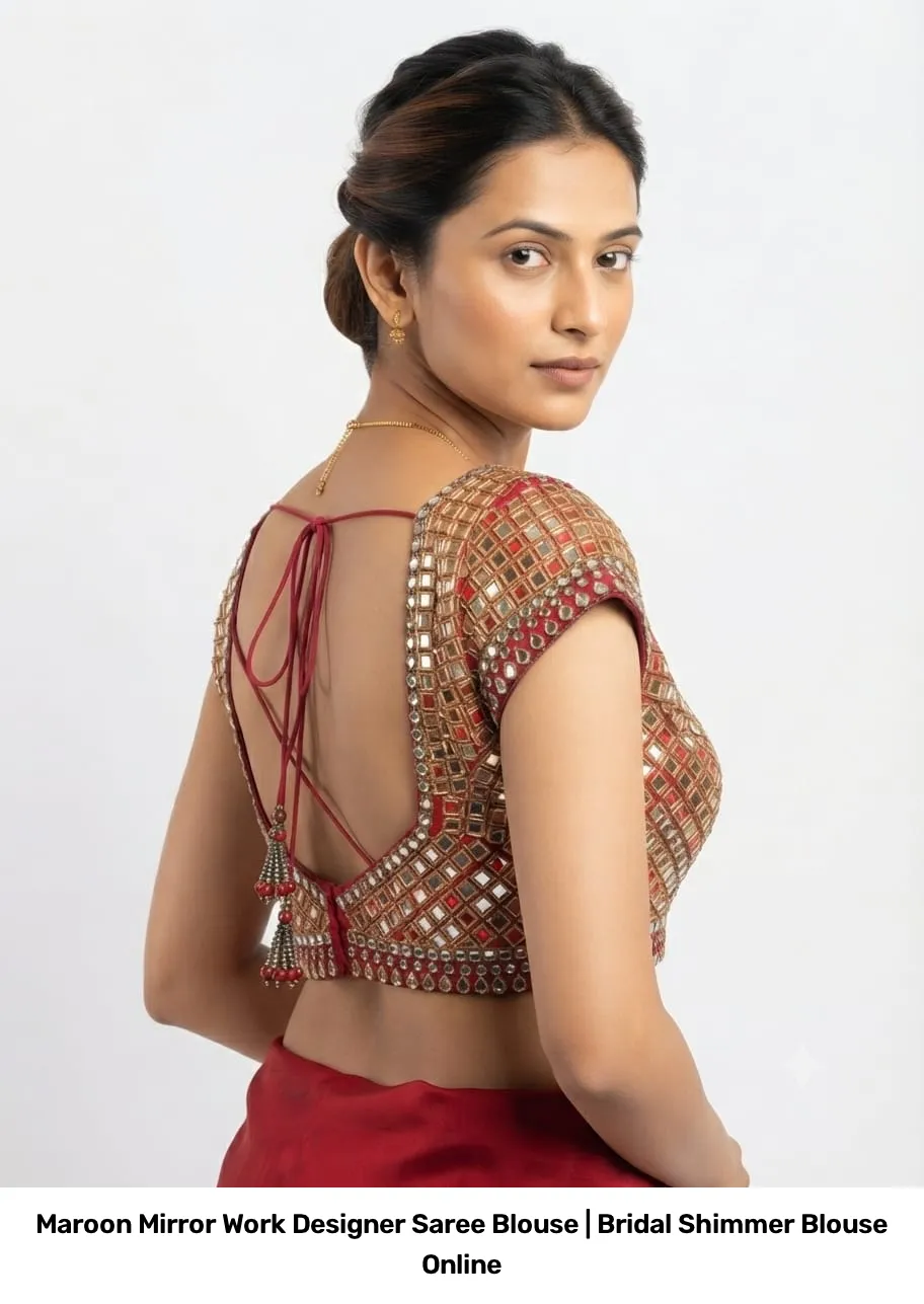 Maroon Mirror Work Designer Saree Blouse | Bridal Shimmer Blouse Online 3