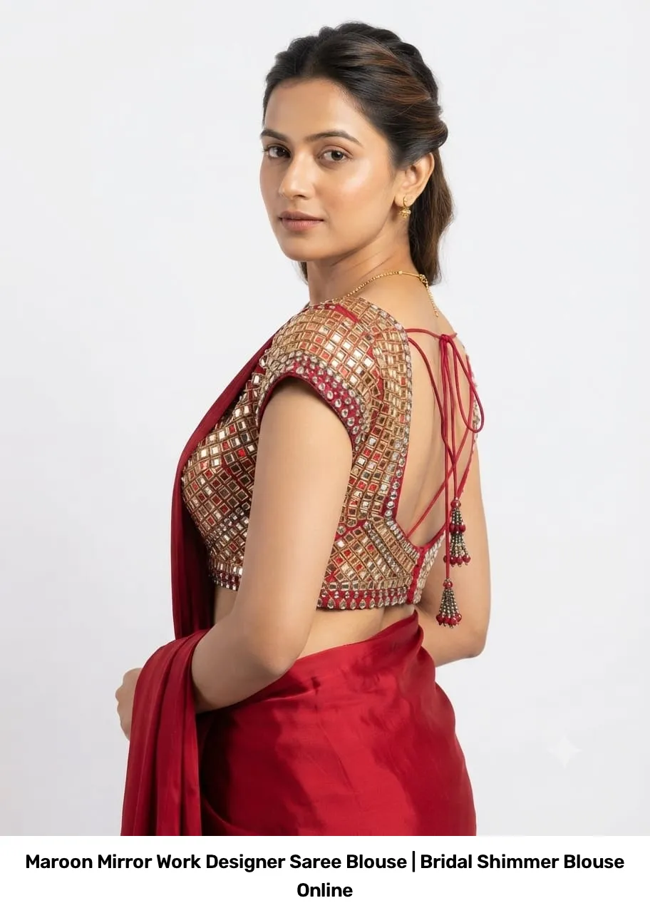 Maroon Mirror Work Designer Saree Blouse | Bridal Shimmer Blouse Online 4