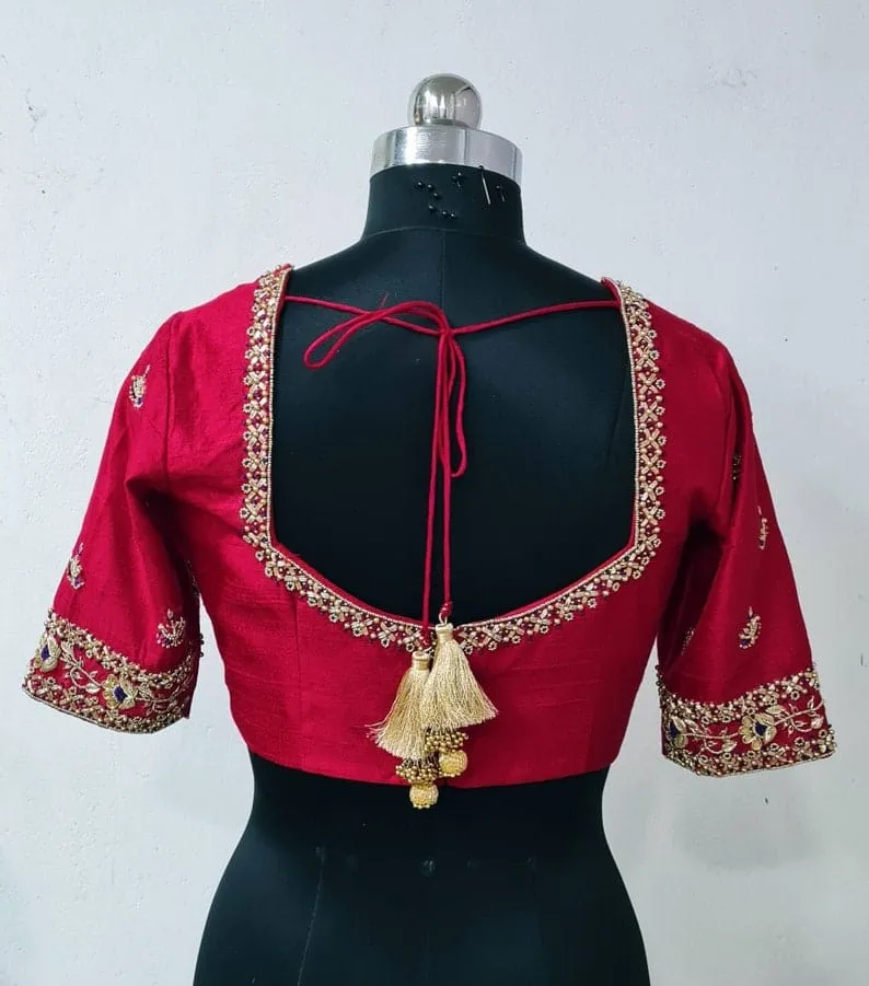 Maroon Raw Silk Bridal Blouse - Gold Zardosi Pearl Embroidered Square Neck Saree Blouse
