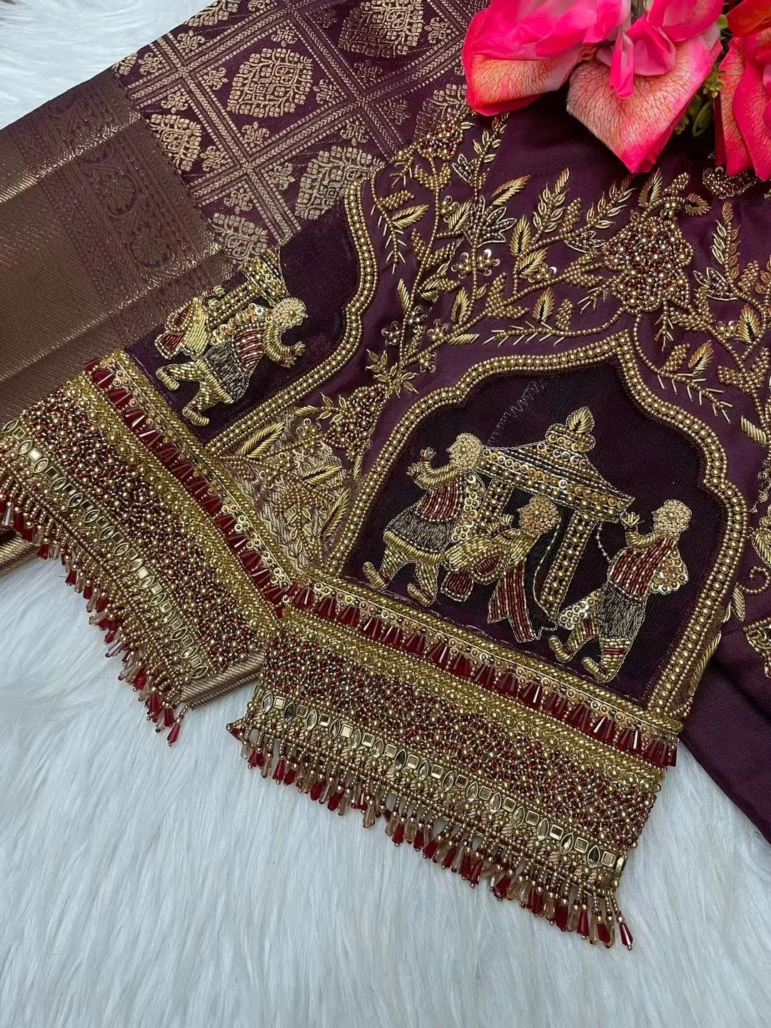 Maroon Raw Silk Bridal Blouse | Hand Embroidered Doli Motif Maggam Work Choli 1