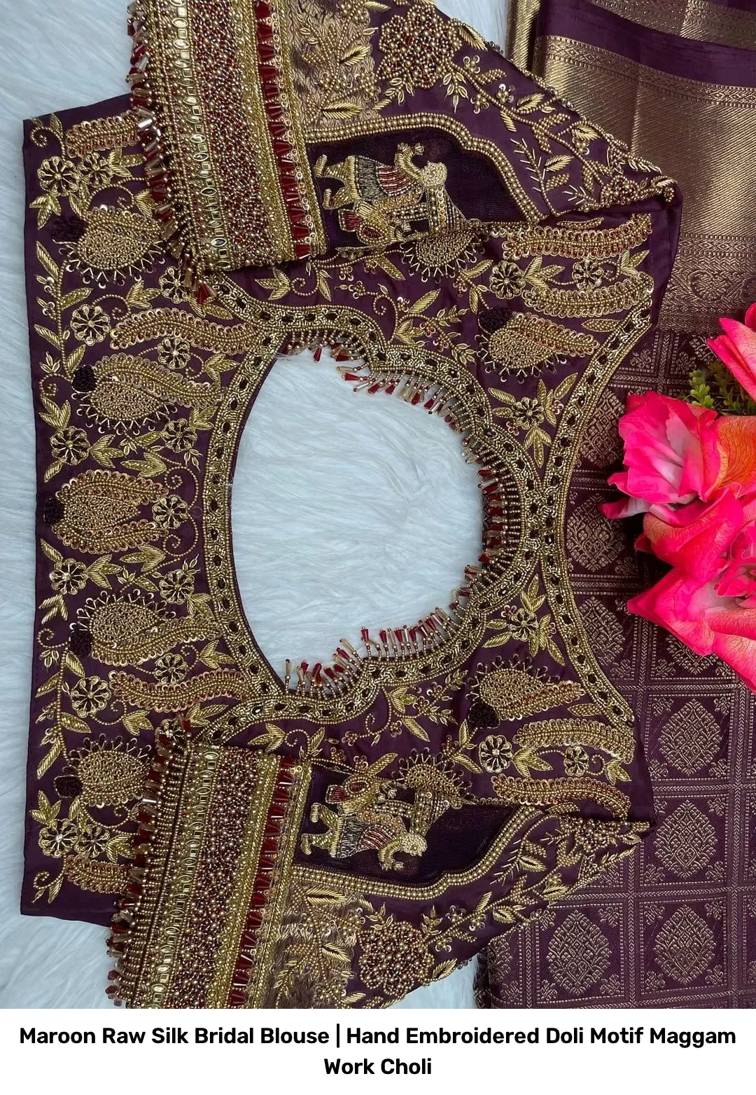 Maroon Raw Silk Bridal Blouse | Hand Embroidered Doli Motif Maggam Work Choli 2