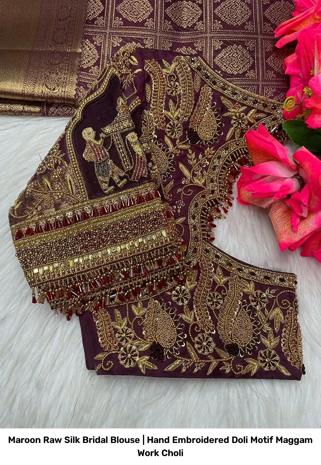 Maroon Raw Silk Bridal Blouse | Hand Embroidered Doli Motif Maggam Work Choli 3
