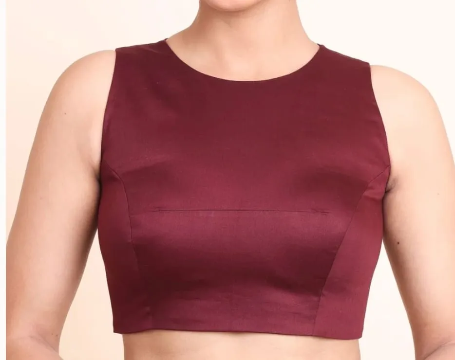 Maroon Raw Silk Sleeveless Saree Blouse – High Round Neck Potli Button Closed Back Designer Choli