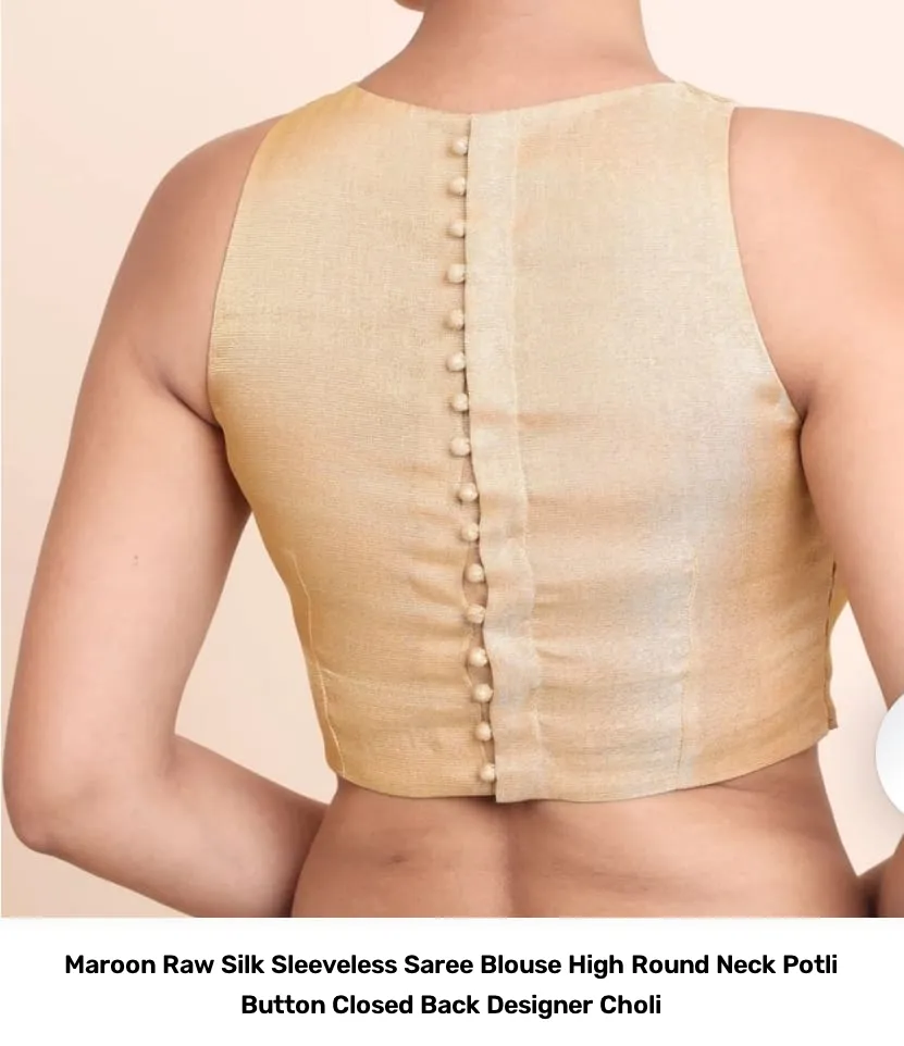 Maroon Raw Silk Sleeveless Saree Blouse – High Round Neck Potli Button Closed Back Designer Choli 2