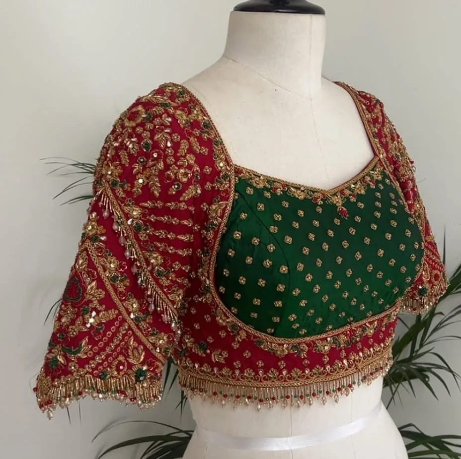 Maroon Silk Blouse with Contrast Bottle Green Front, Heavy Kundan Zardozi Work & Beaded Fringes – Custom Stitched / Ready to Wear