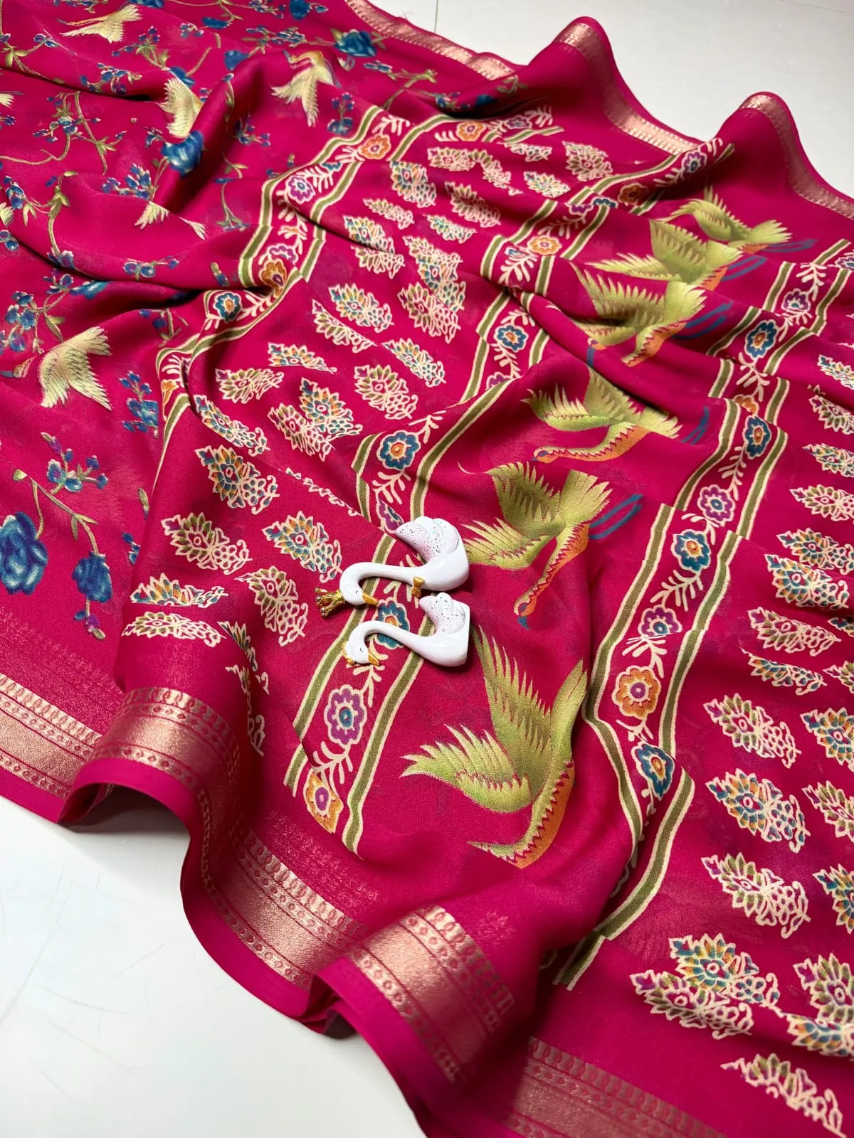 Marshmallow Silk Saree Featuring Flying Swan 3D Digital Print & Woven Jacquard Border (Includes Matching Blouse Piece)