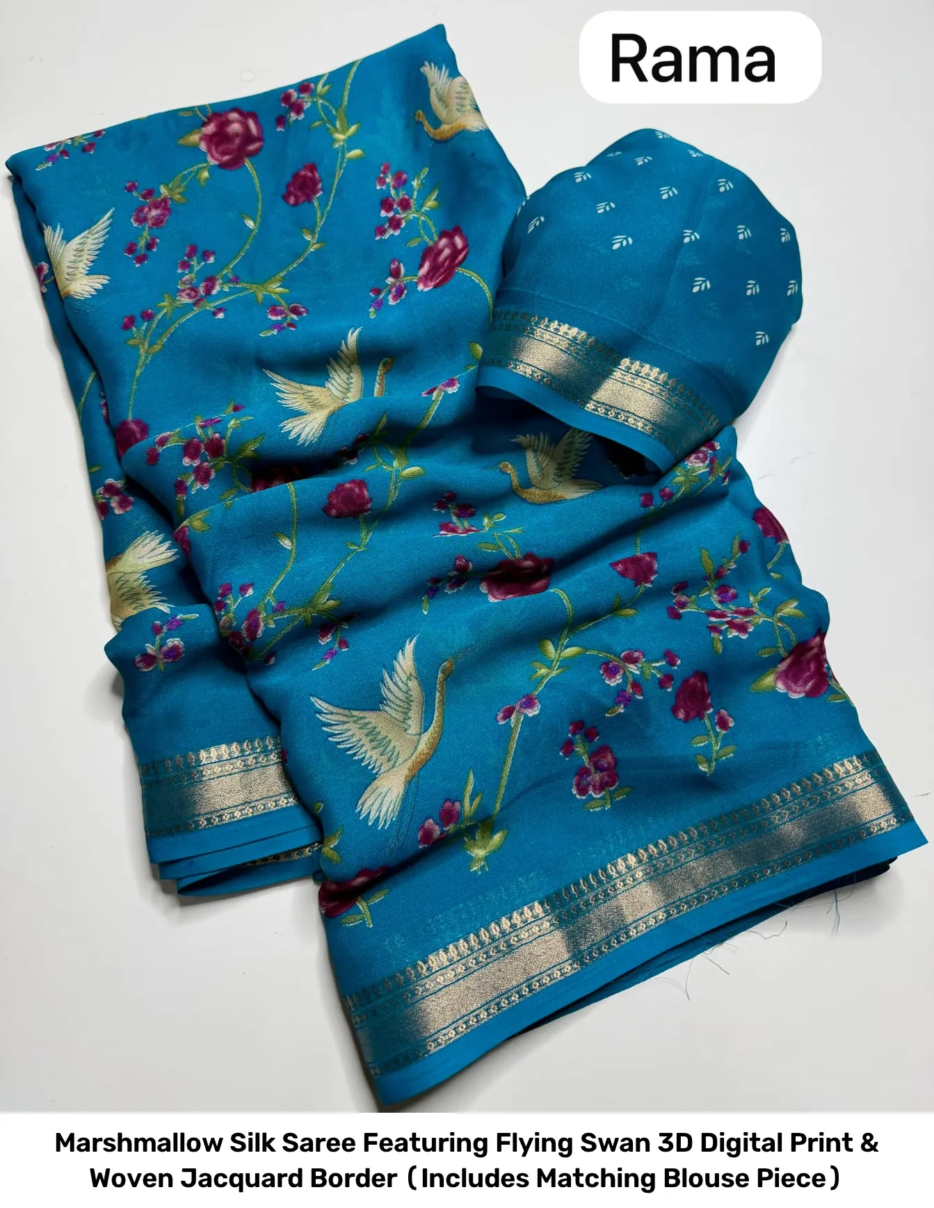 Marshmallow Silk Saree Featuring Flying Swan 3D Digital Print & Woven Jacquard Border (Includes Matching Blouse Piece) 10