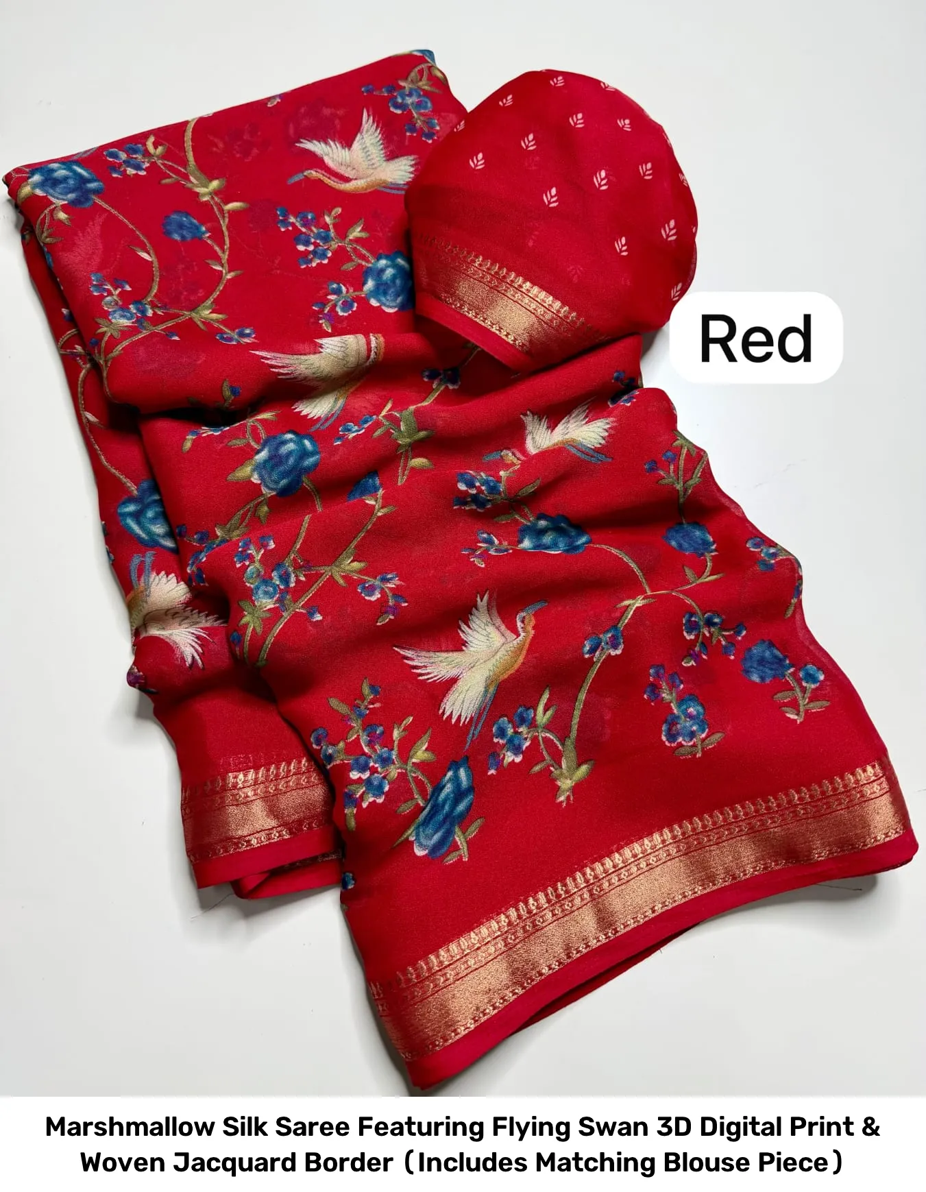 Marshmallow Silk Saree Featuring Flying Swan 3D Digital Print & Woven Jacquard Border (Includes Matching Blouse Piece) 11