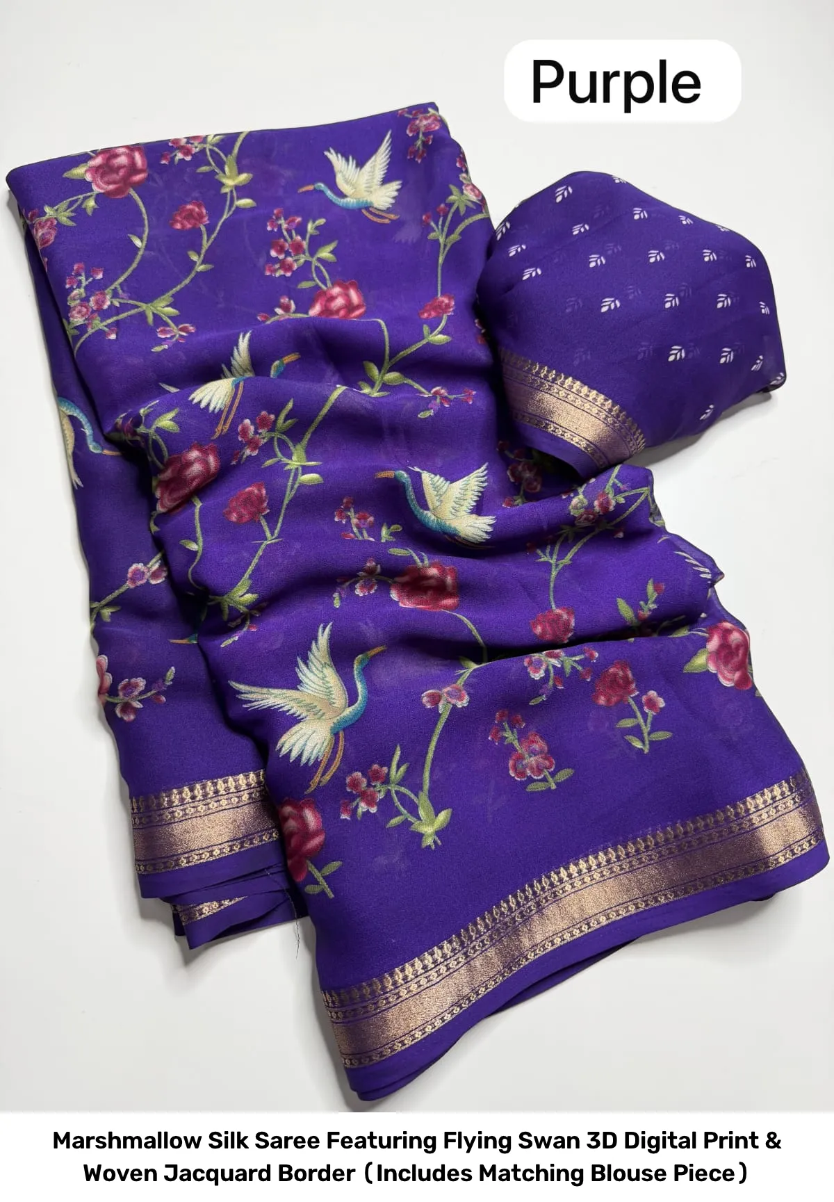 Marshmallow Silk Saree Featuring Flying Swan 3D Digital Print & Woven Jacquard Border (Includes Matching Blouse Piece) 12