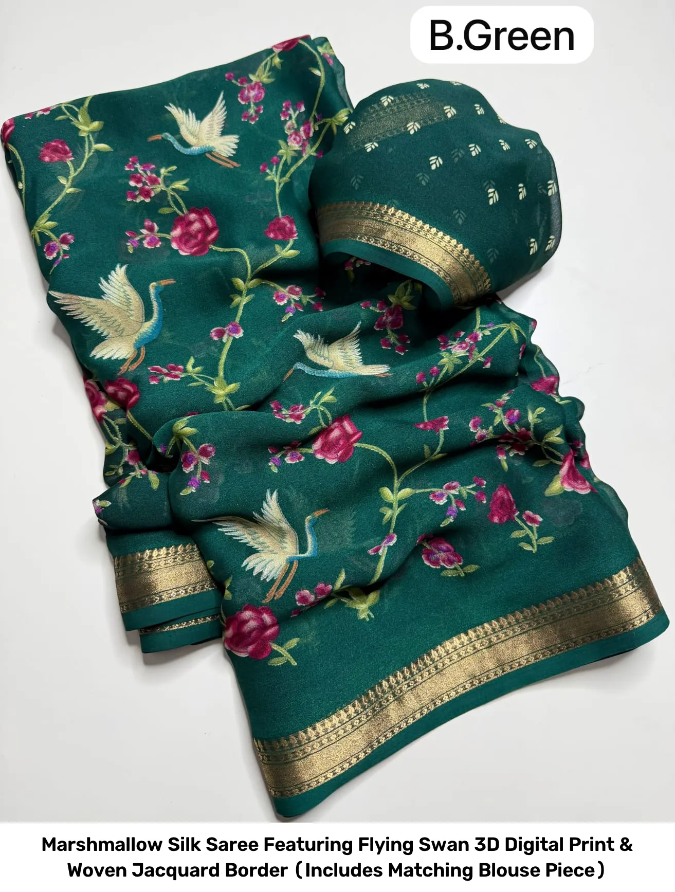 Marshmallow Silk Saree Featuring Flying Swan 3D Digital Print & Woven Jacquard Border (Includes Matching Blouse Piece) 2