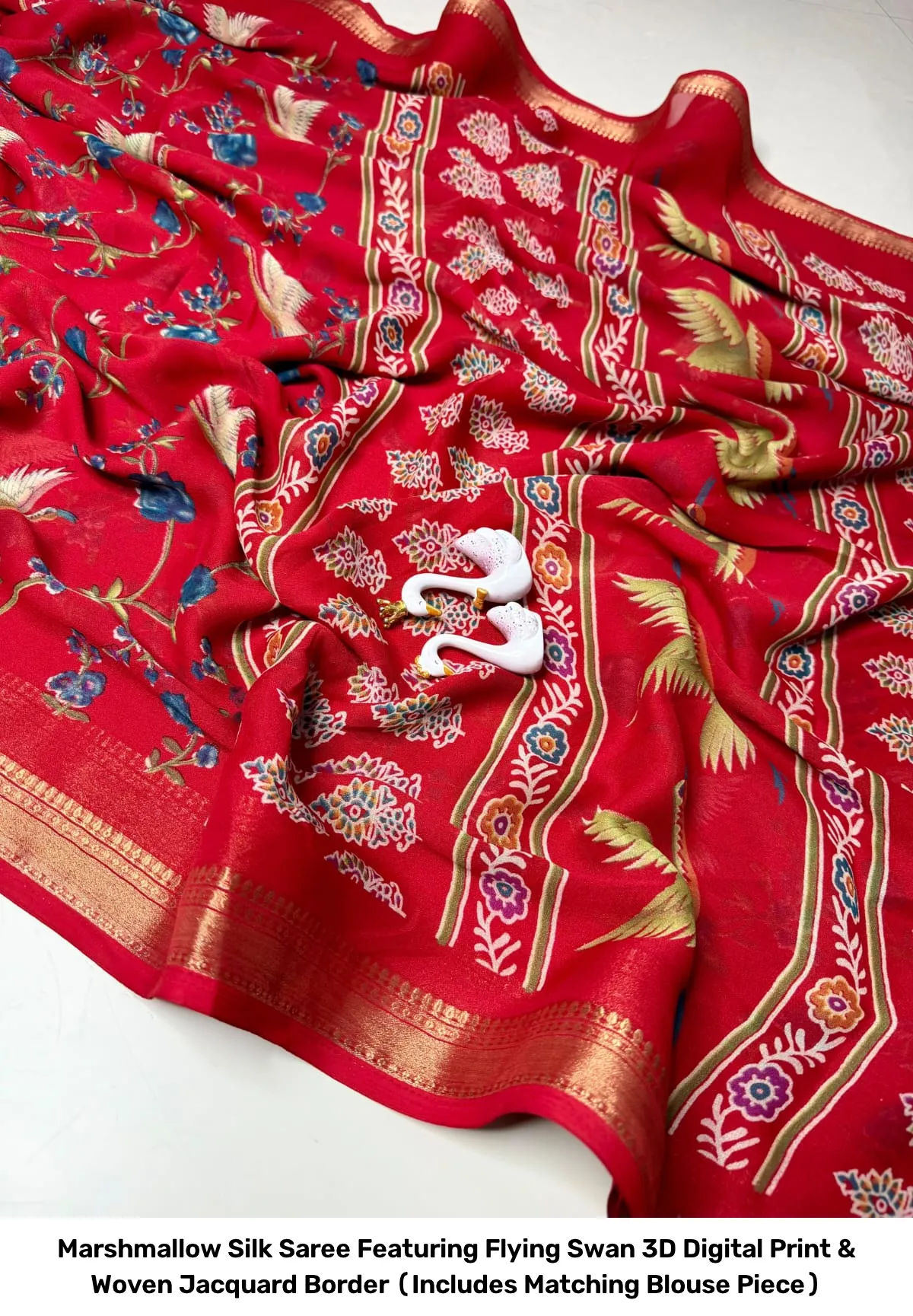 Marshmallow Silk Saree Featuring Flying Swan 3D Digital Print & Woven Jacquard Border (Includes Matching Blouse Piece) 3