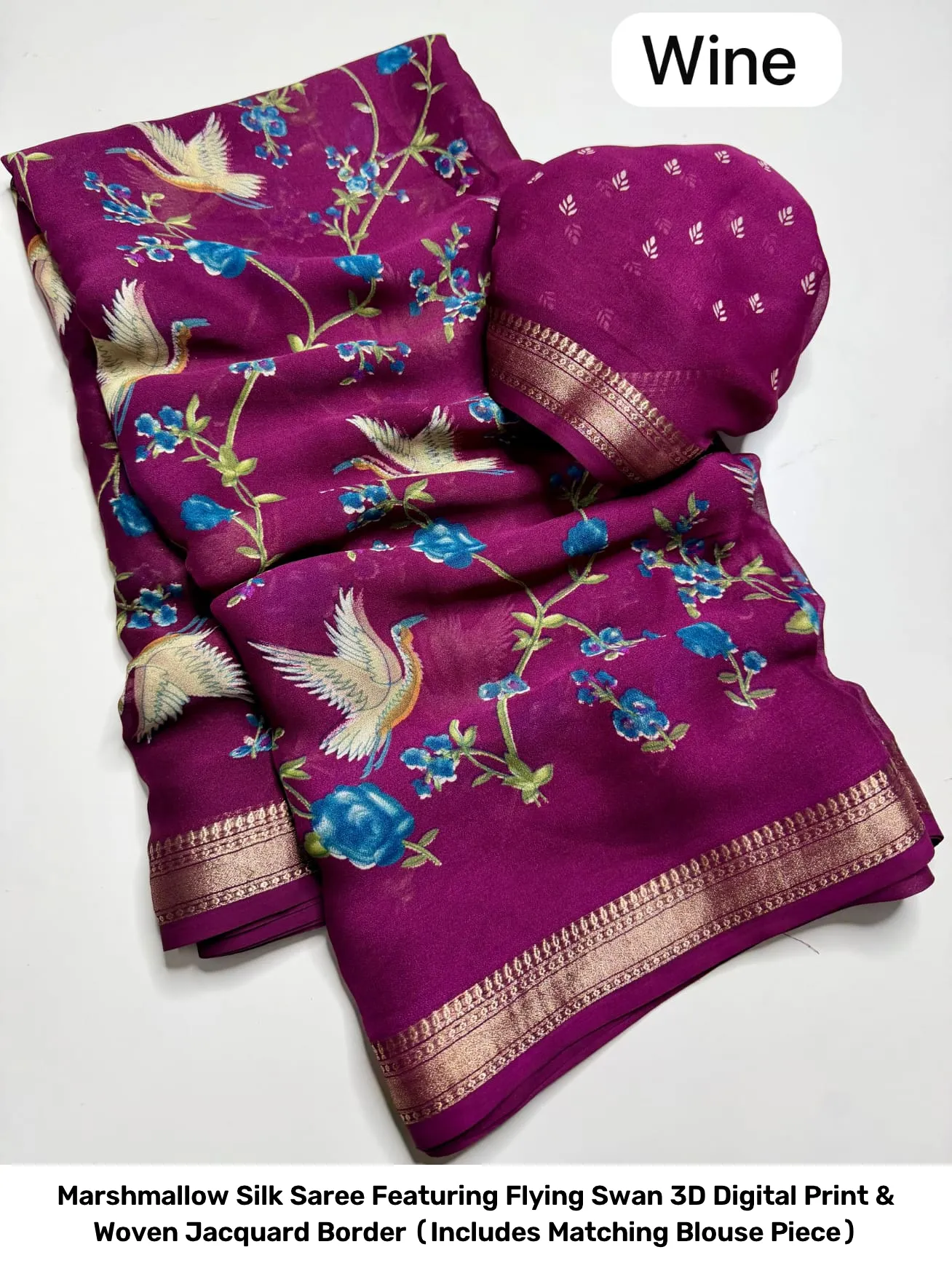 Marshmallow Silk Saree Featuring Flying Swan 3D Digital Print & Woven Jacquard Border (Includes Matching Blouse Piece) 4