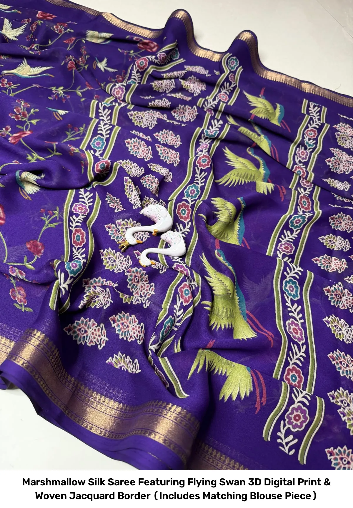 Marshmallow Silk Saree Featuring Flying Swan 3D Digital Print & Woven Jacquard Border (Includes Matching Blouse Piece) 5
