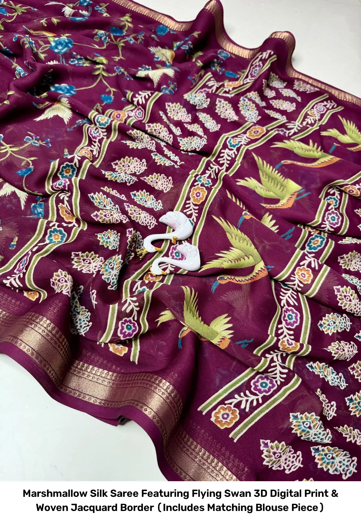 Marshmallow Silk Saree Featuring Flying Swan 3D Digital Print & Woven Jacquard Border (Includes Matching Blouse Piece) 6