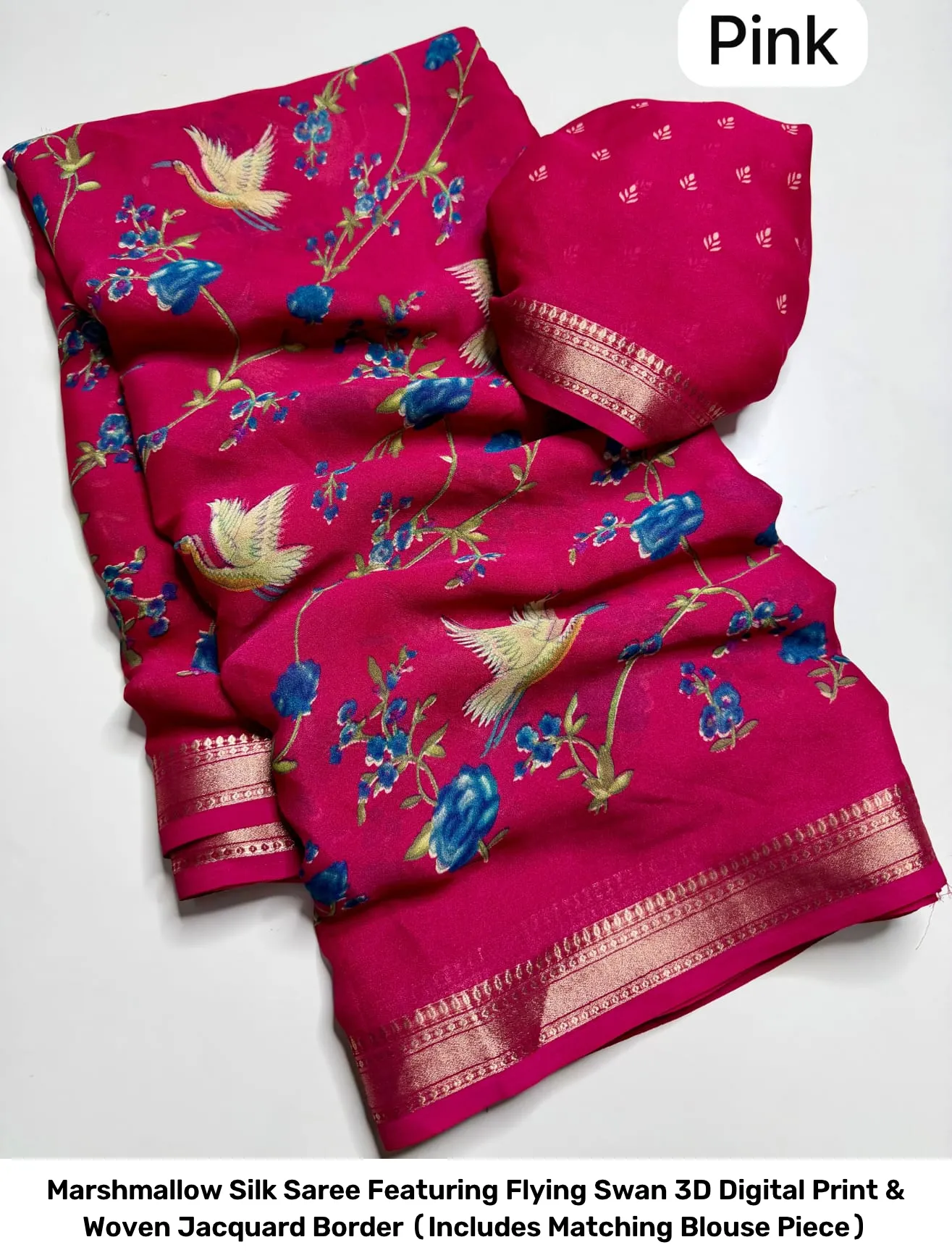 Marshmallow Silk Saree Featuring Flying Swan 3D Digital Print & Woven Jacquard Border (Includes Matching Blouse Piece) 7