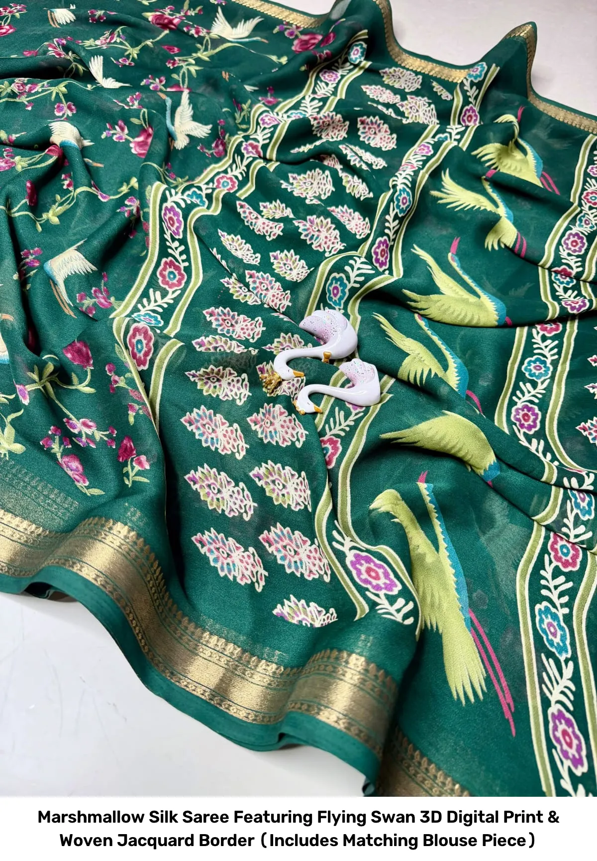 Marshmallow Silk Saree Featuring Flying Swan 3D Digital Print & Woven Jacquard Border (Includes Matching Blouse Piece) 8