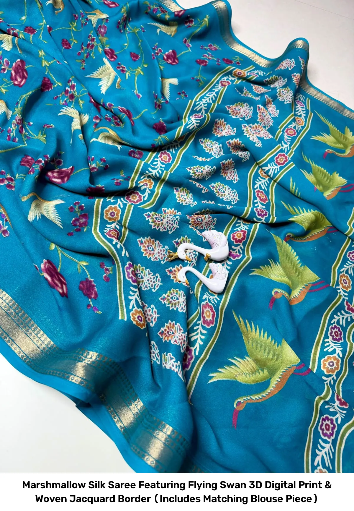 Marshmallow Silk Saree Featuring Flying Swan 3D Digital Print & Woven Jacquard Border (Includes Matching Blouse Piece) 9