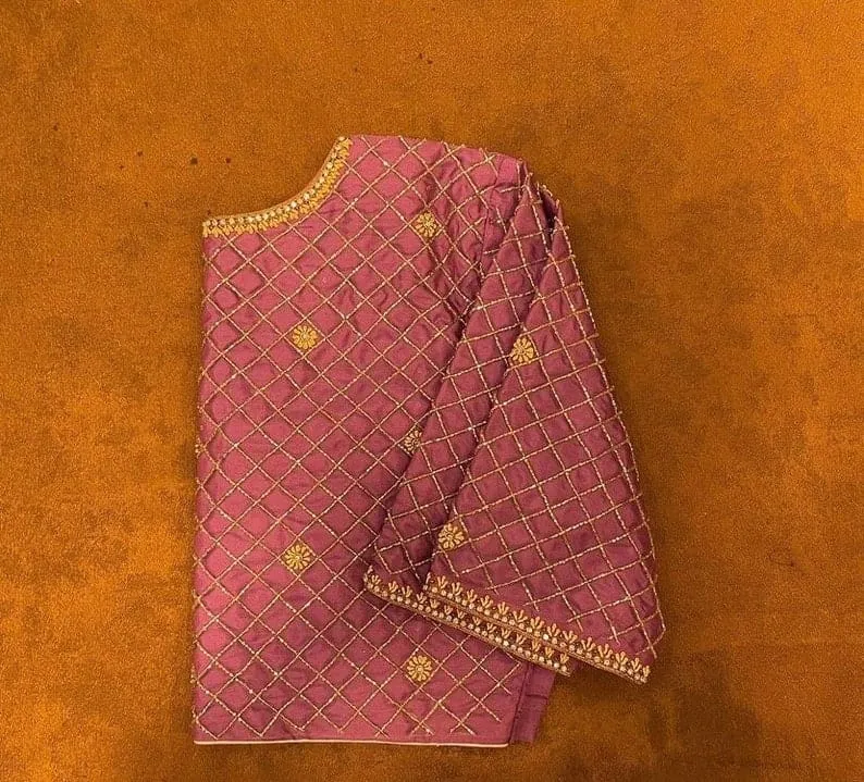 Mauve Pink Raw Silk Maggam Work Blouse | All-Over Checkered Jaal Gold Zari Hand Embroidered Saree Blouse