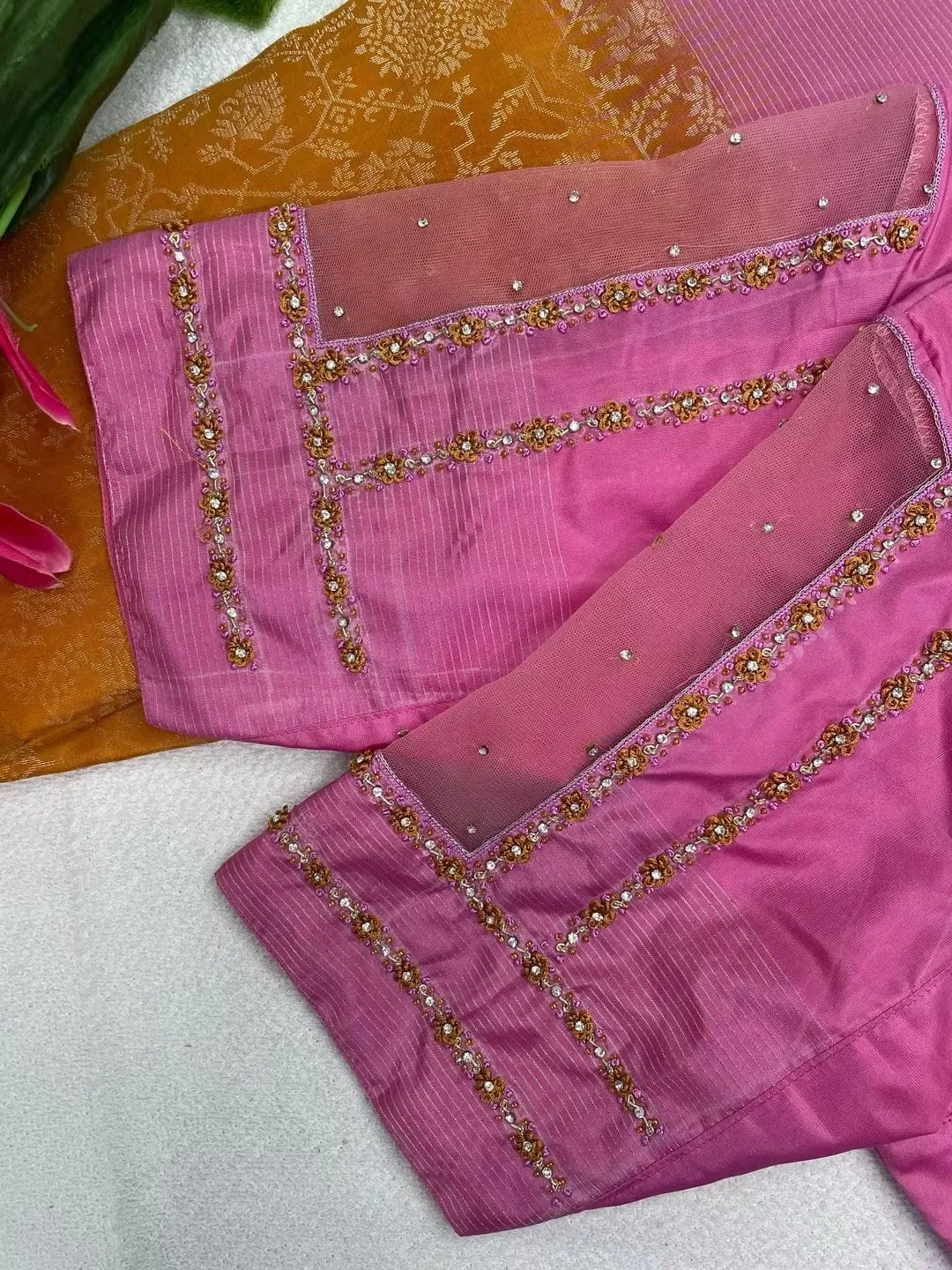 Mauve Pink Sheer Net Back Blouse – Handcrafted Bead & Stone Border Work Designer Saree Blouse