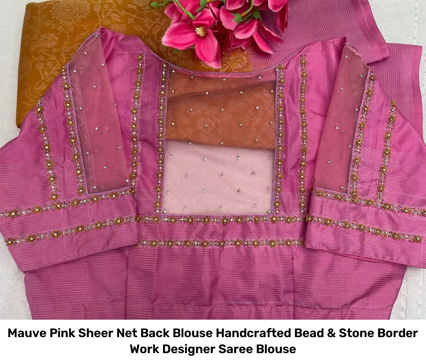 Mauve Pink Sheer Net Back Blouse – Handcrafted Bead & Stone Border Work Designer Saree Blouse 2