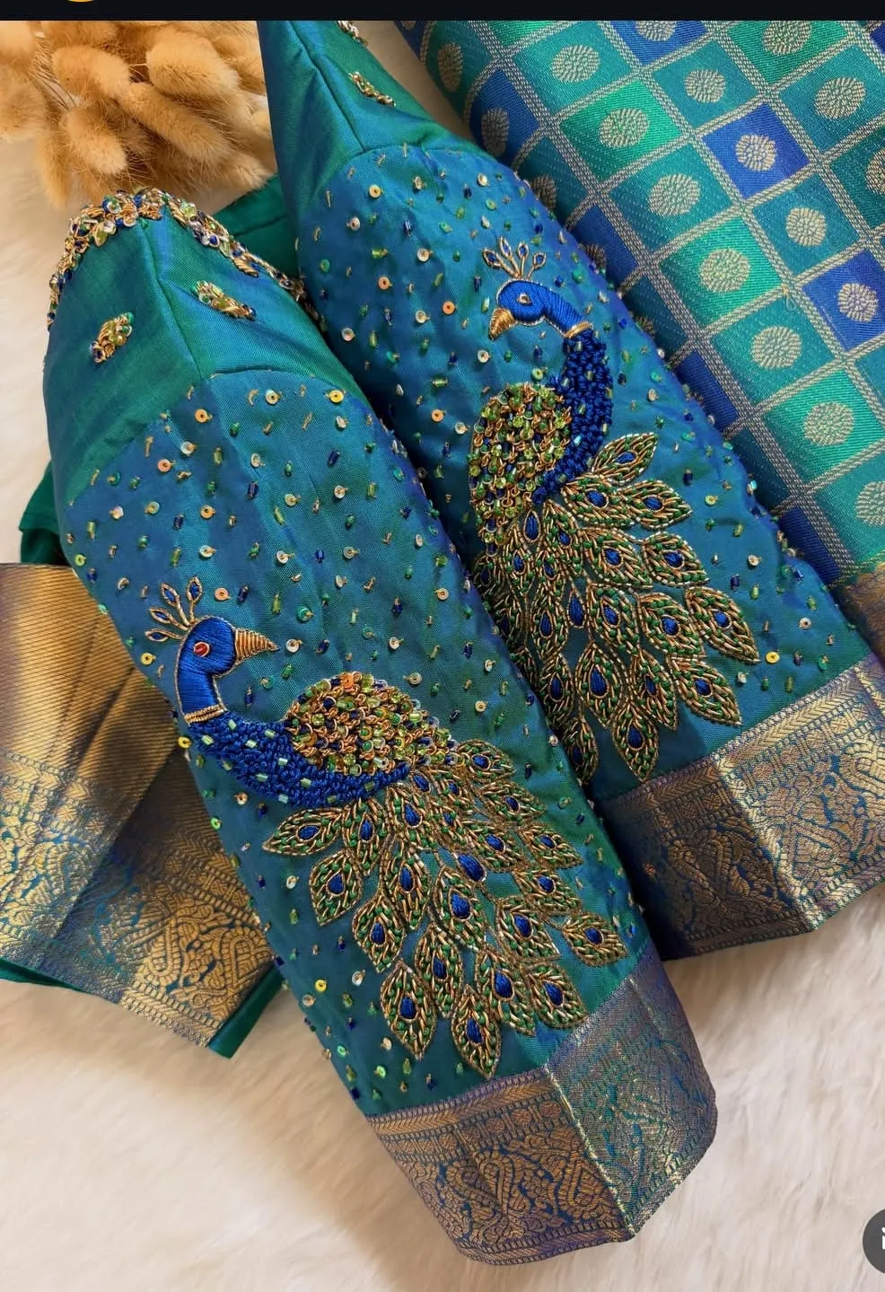 Mayil Kazhuthu Raw Silk Bridal Blouse | Handcrafted Zardozi Peacock Sleeves & Scallop Back