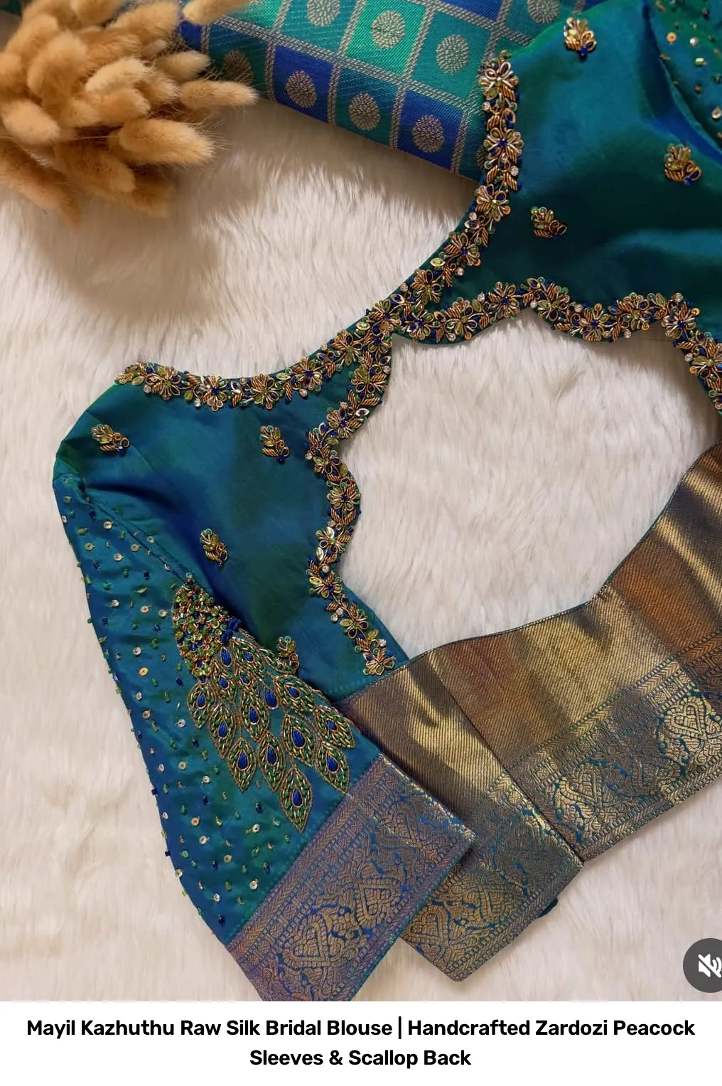 Mayil Kazhuthu Raw Silk Bridal Blouse | Handcrafted Zardozi Peacock Sleeves & Scallop Back 2