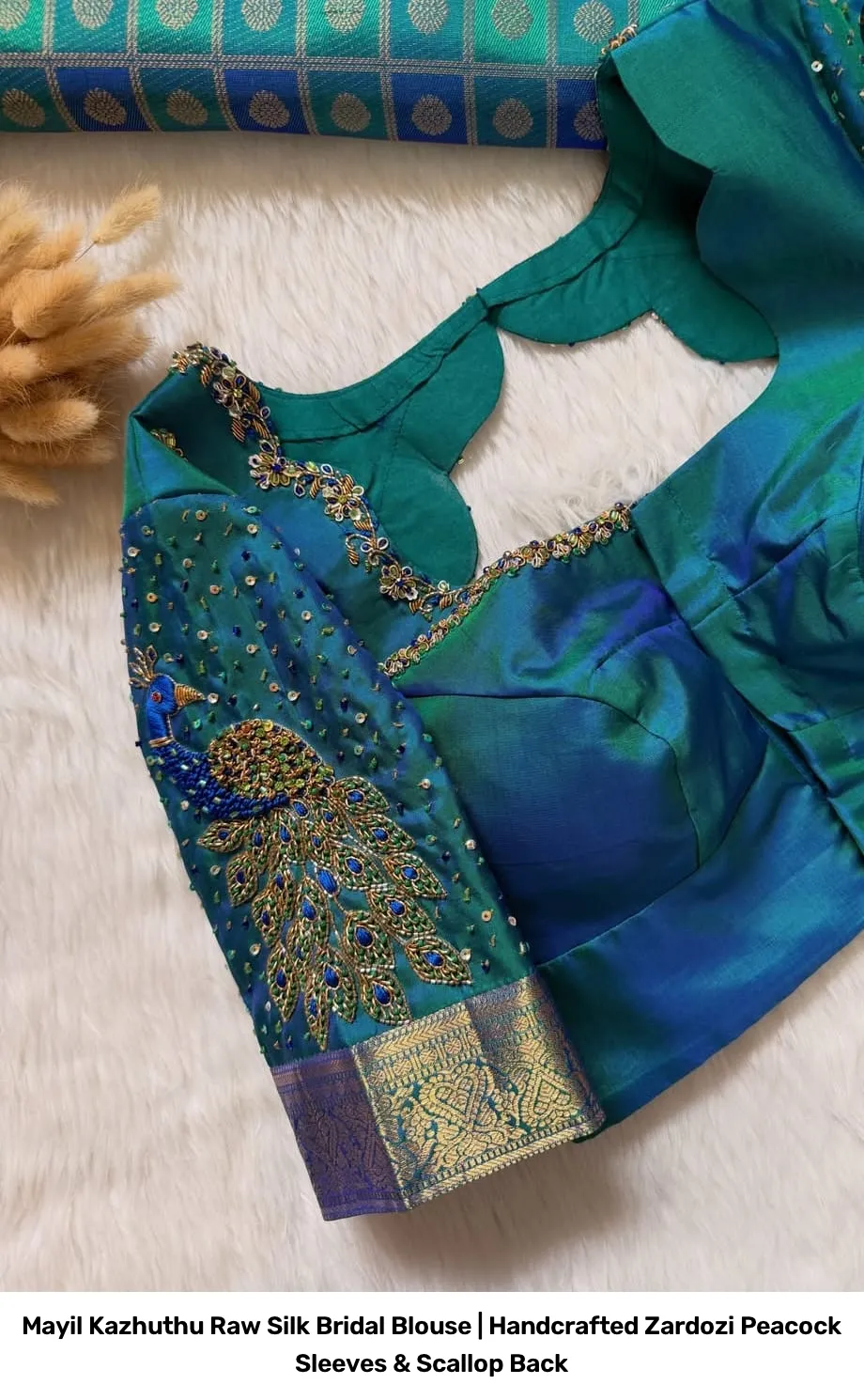 Mayil Kazhuthu Raw Silk Bridal Blouse | Handcrafted Zardozi Peacock Sleeves & Scallop Back 3