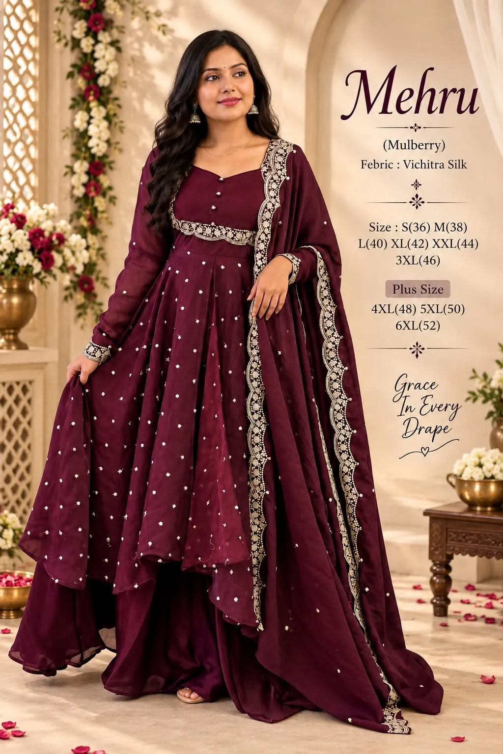 Mehru Vichitra Silk Flared Cape Top with Skirt & Dupatta Set | Designer Wedding & Party Wear Suit (Sizes S–6XL)